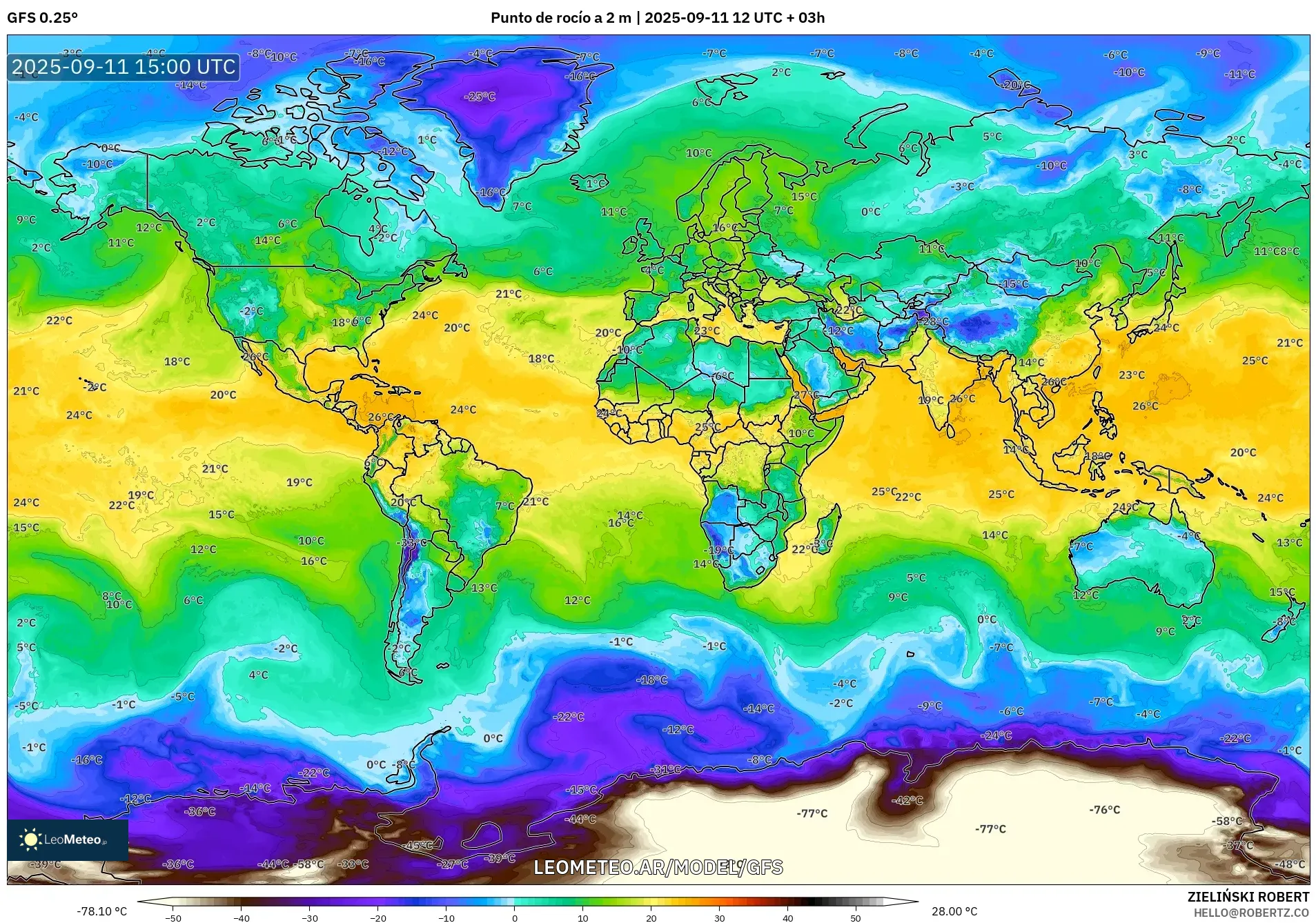 GFS model - Mundo, Punto de rocío a 2 m