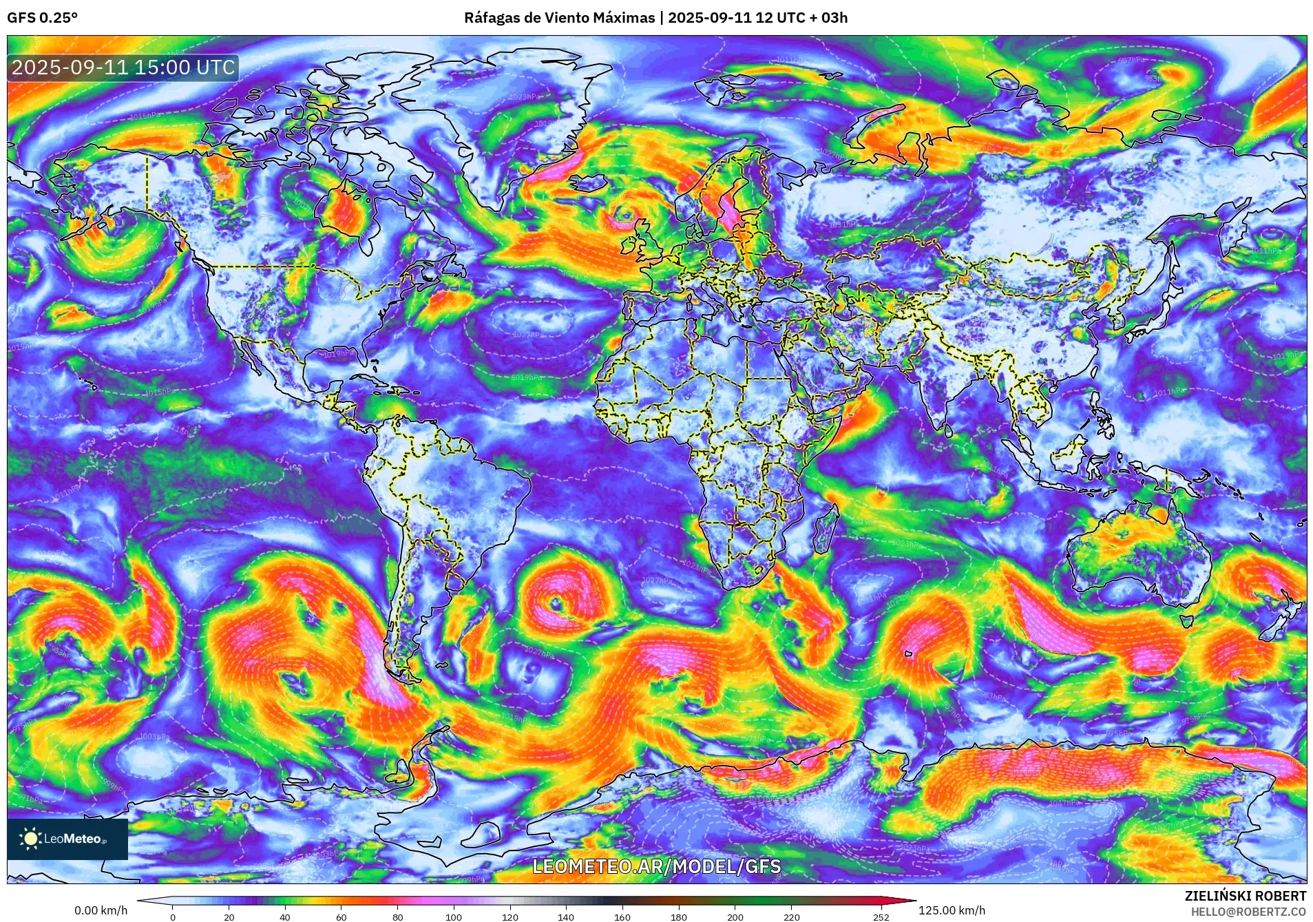 GFS model - Mundo, Ráfagas de Viento Máximas