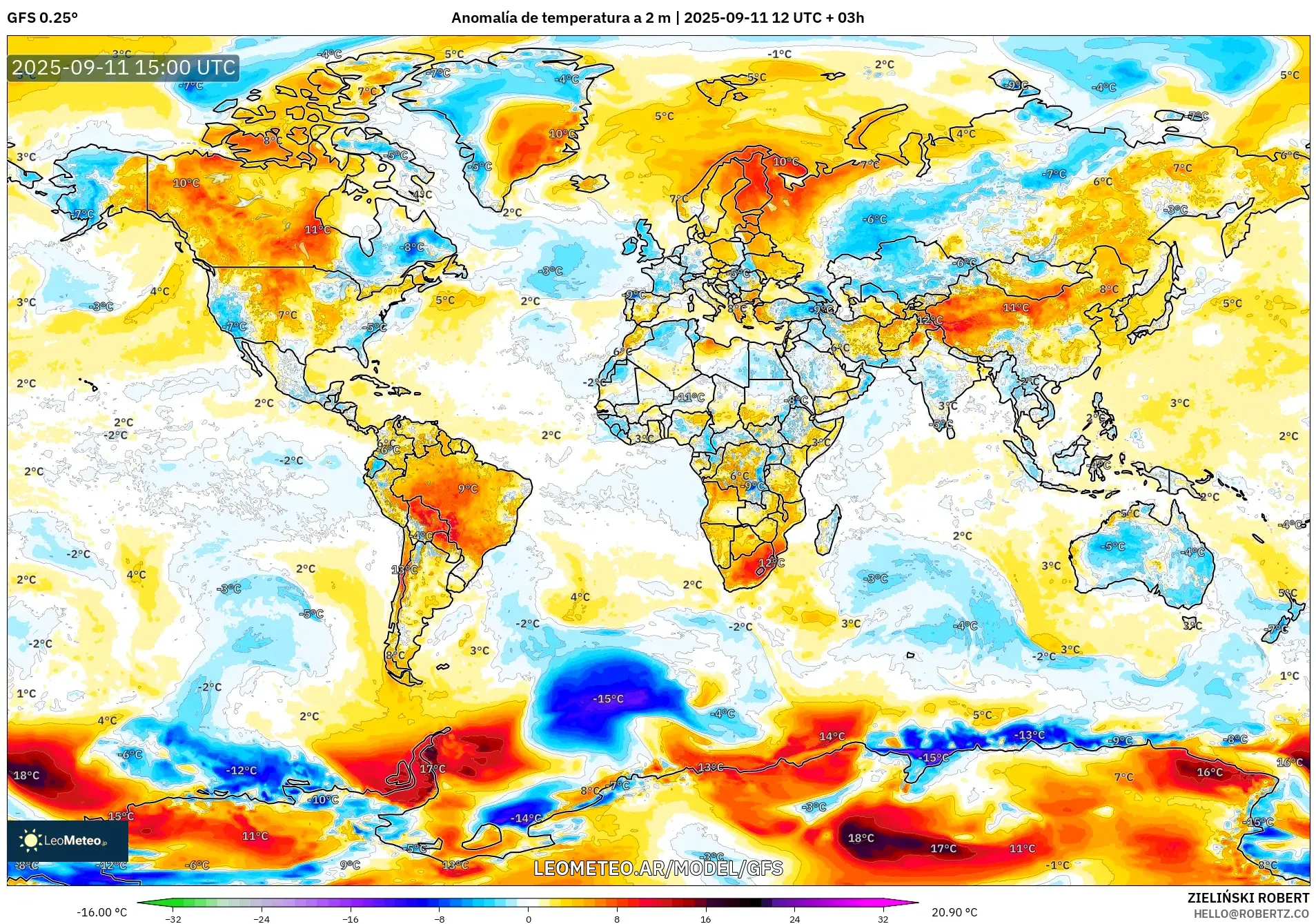 GFS model - Mundo, Anomalía de temperatura a 2 m