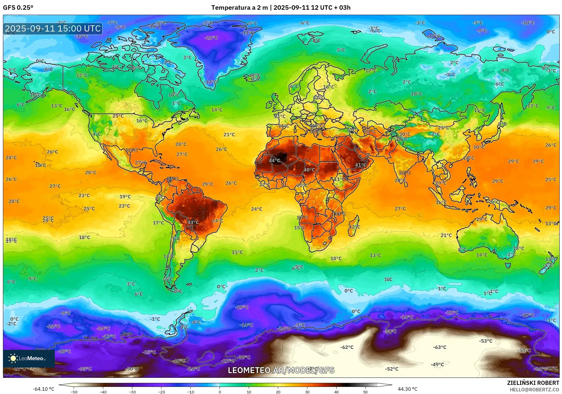 GFS model - Mundo, Temperatura a 2 m