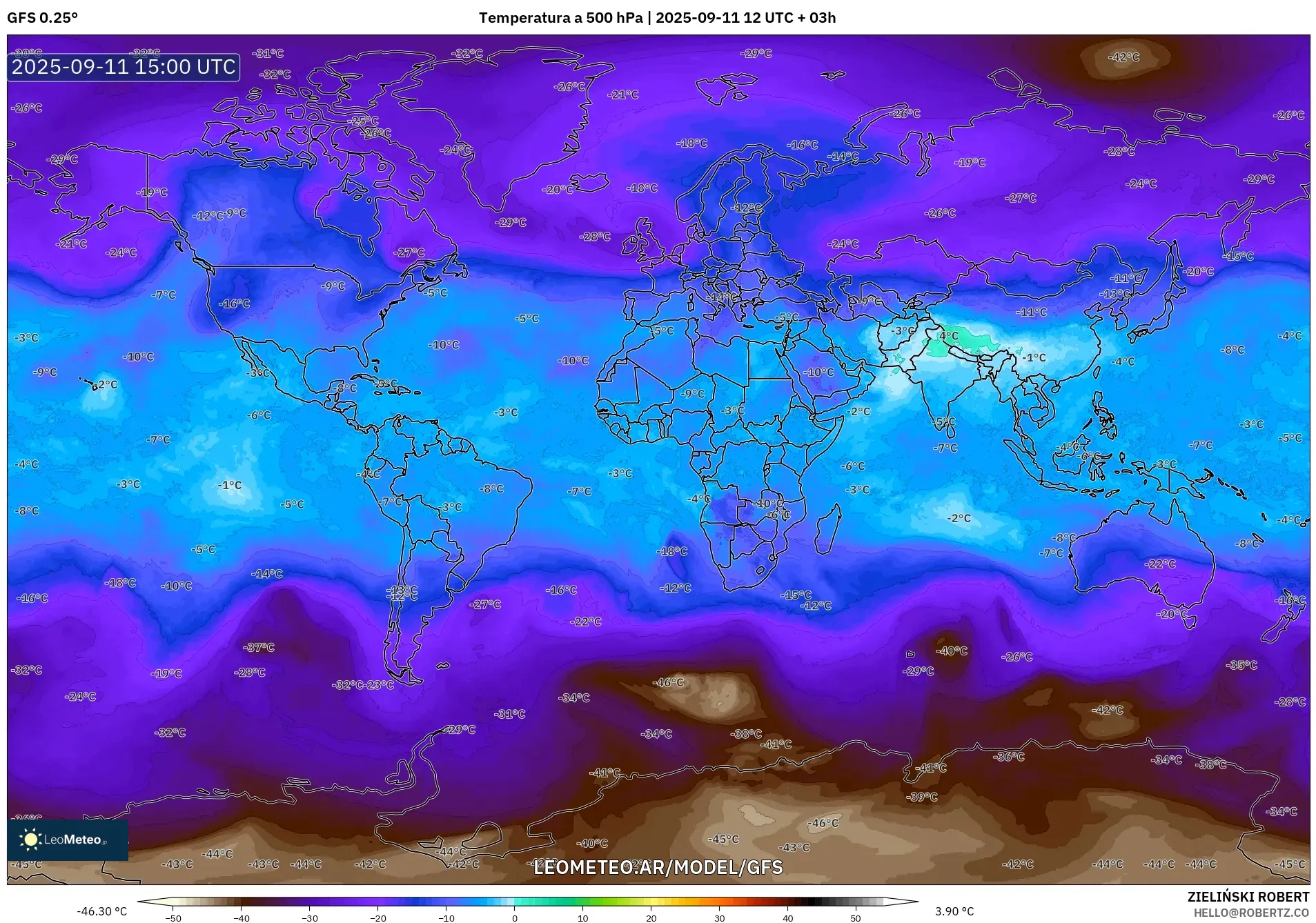 GFS model - Mundo, Temperatura a 500 hPa
