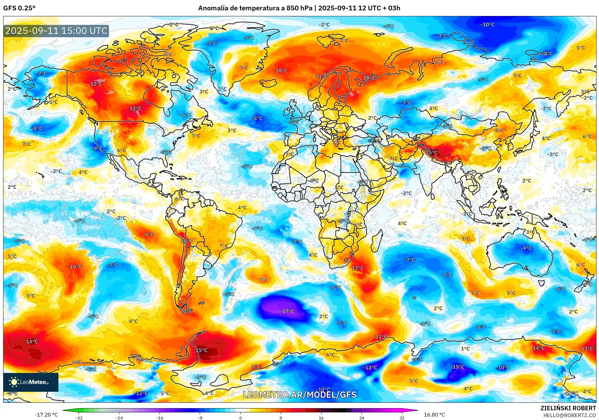 GFS model - Mundo, Anomalía de temperatura a 850 hPa