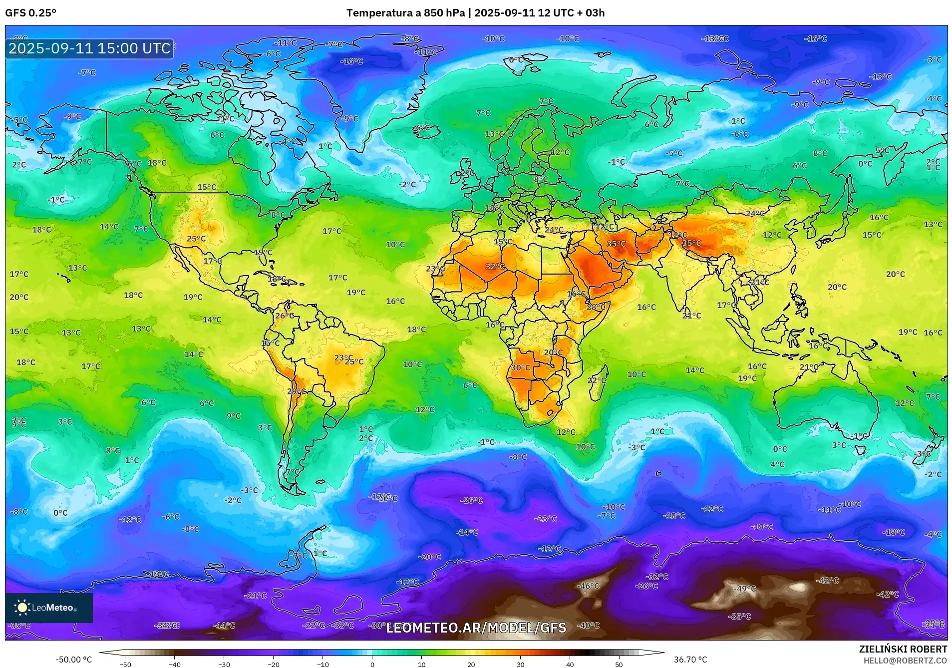 GFS model - Mundo, Temperatura a 850 hPa