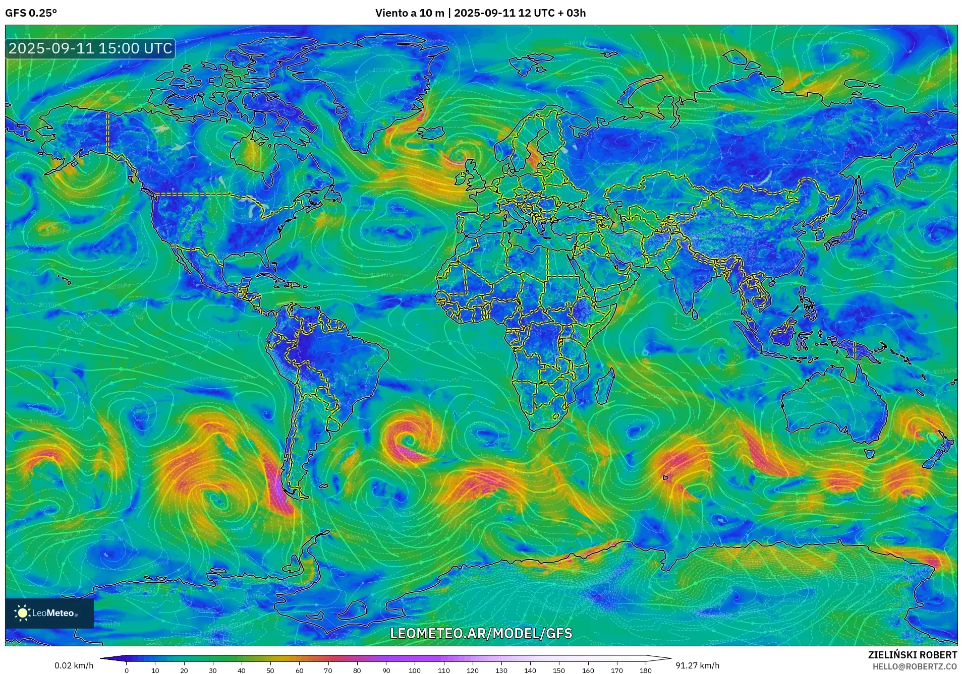 GFS model - Mundo, Viento a 10 m