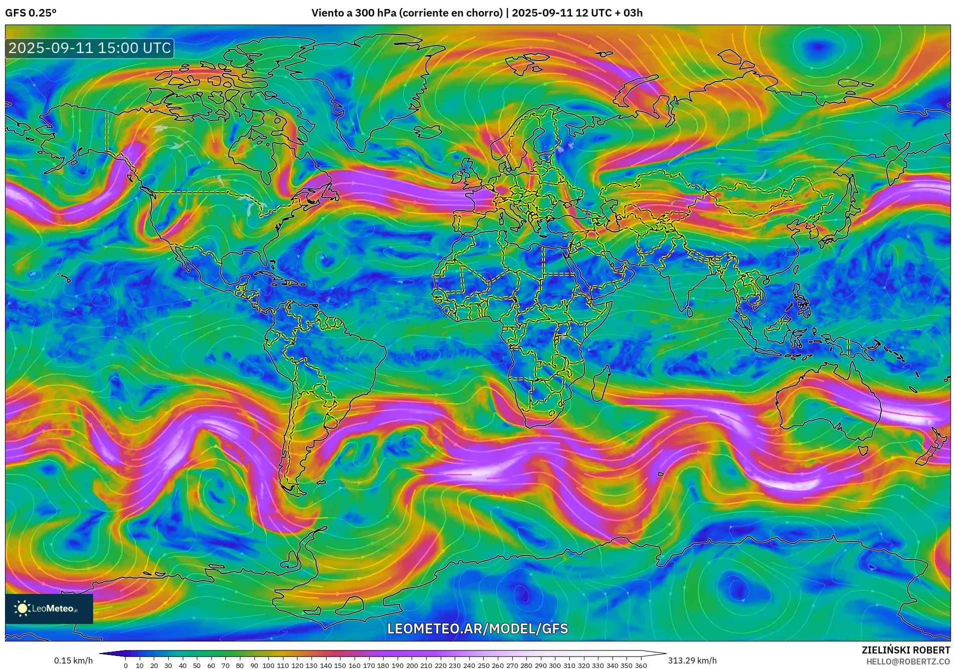GFS model - Mundo, Viento a 300 hPa (corriente en chorro)
