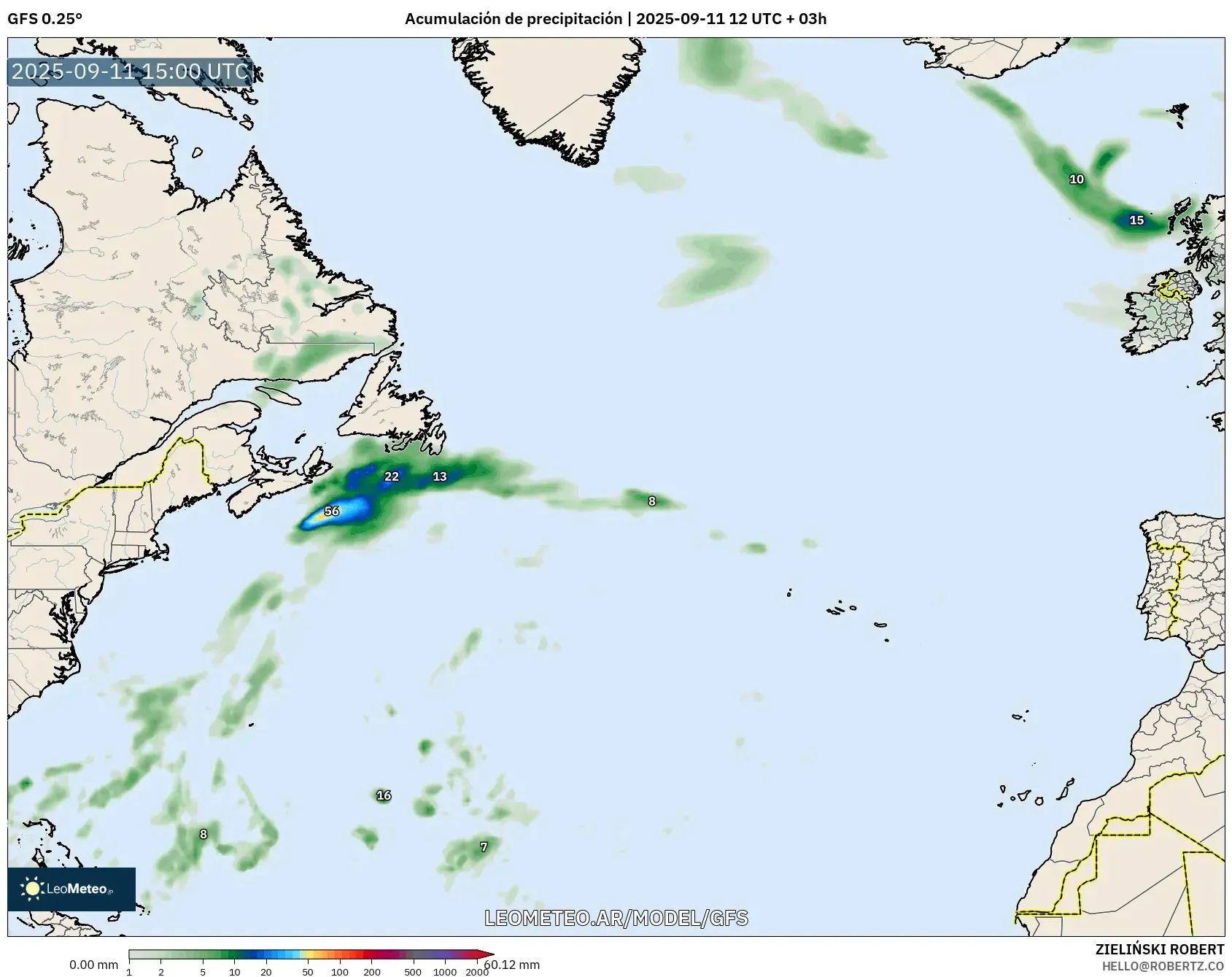GFS model - Norte Atlántico, Acumulación de precipitación GFS model - Norte Atlántico, Acumulación de precipitación