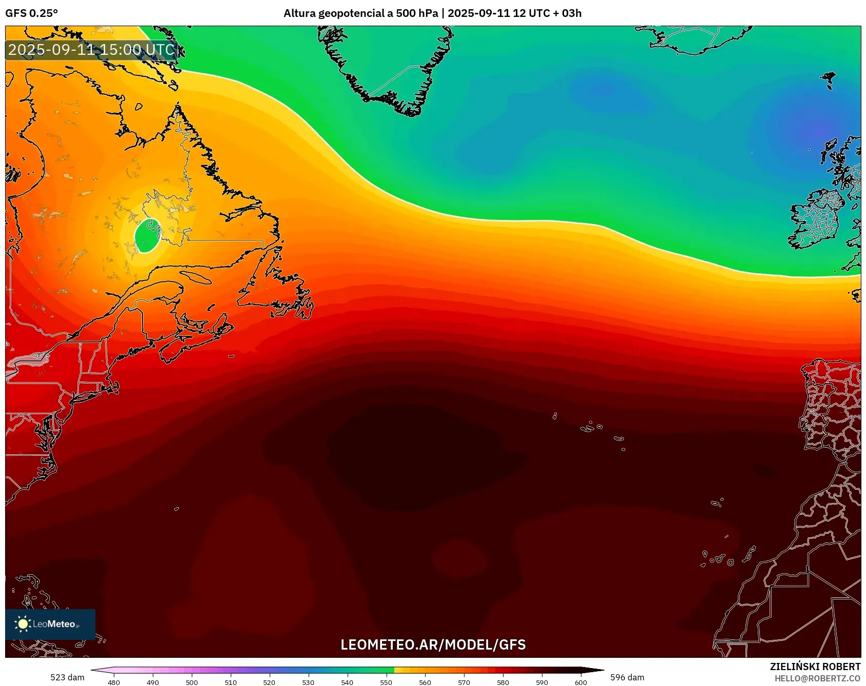 GFS model - Norte Atlántico, Altura geopotencial a 500 hPa