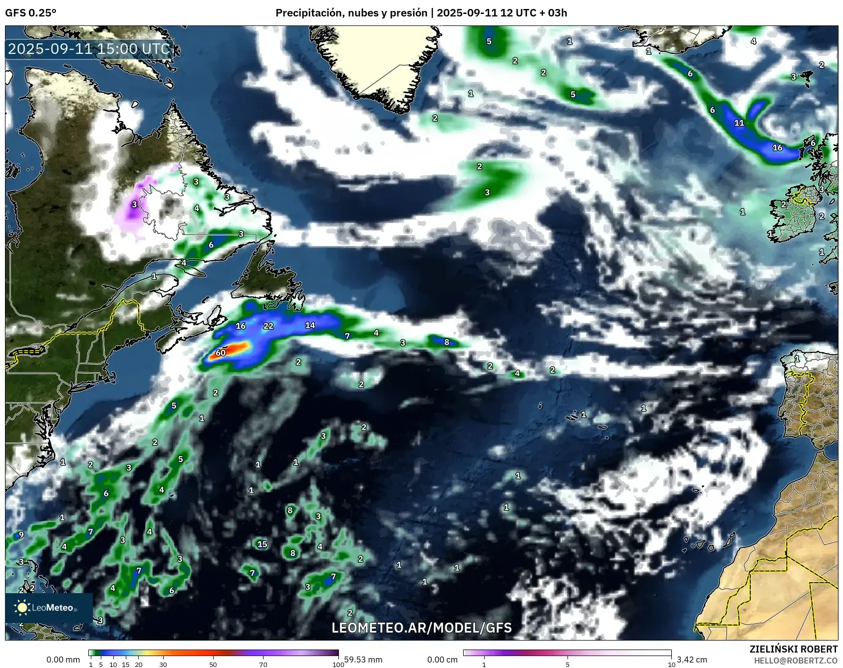 GFS model - Norte Atlántico, Precipitación, nubes y presión