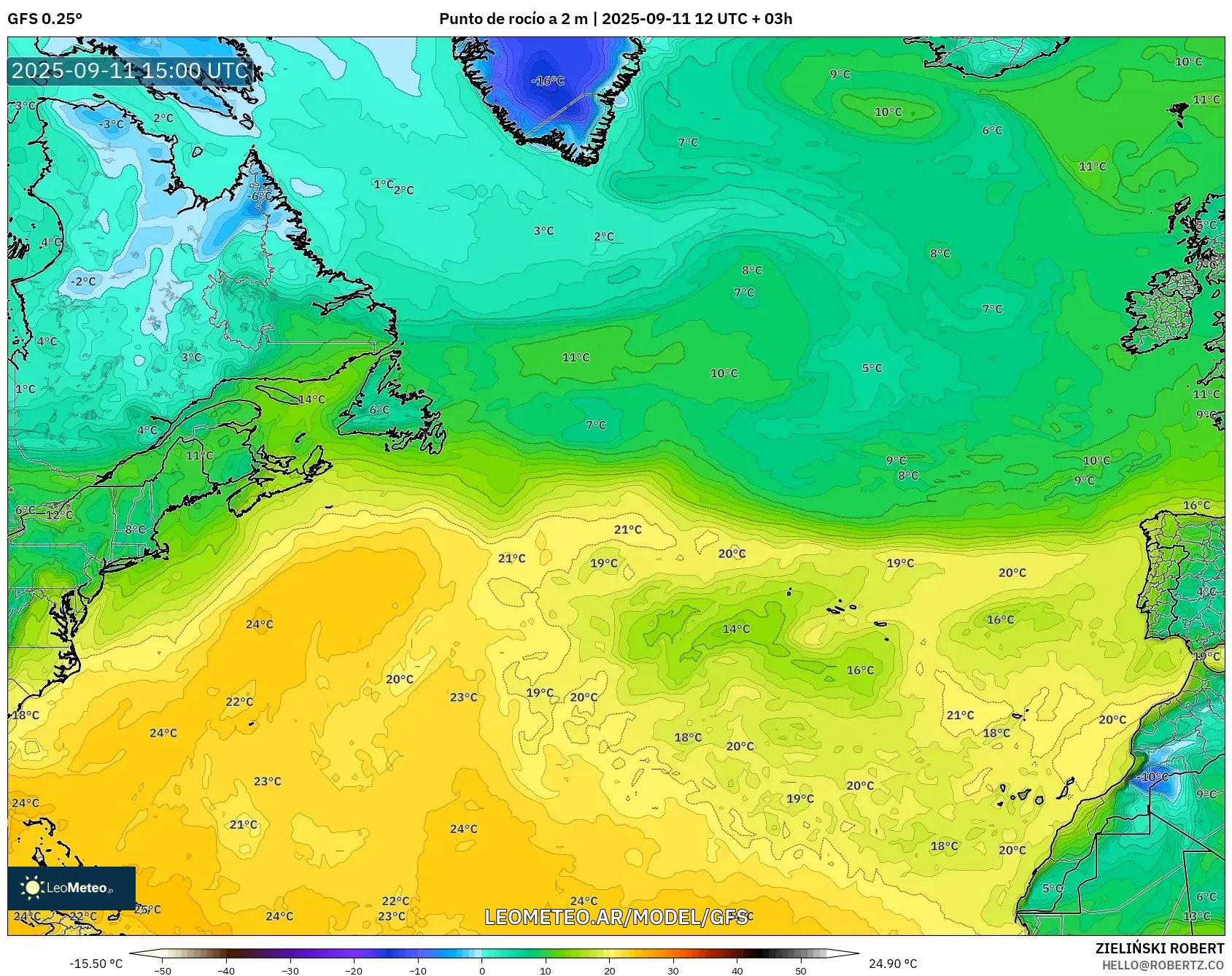 GFS model - Norte Atlántico, Punto de rocío a 2 m