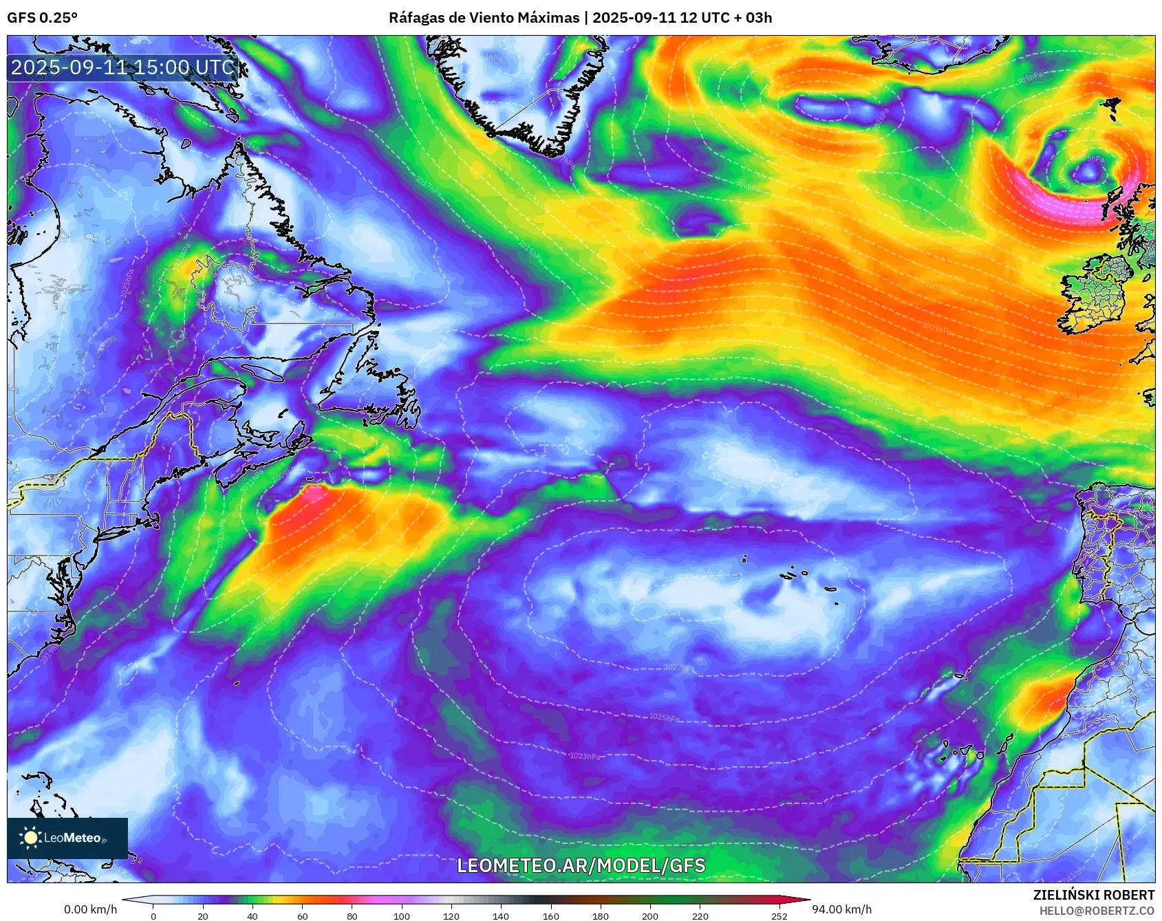 GFS model - Norte Atlántico, Ráfagas de Viento Máximas