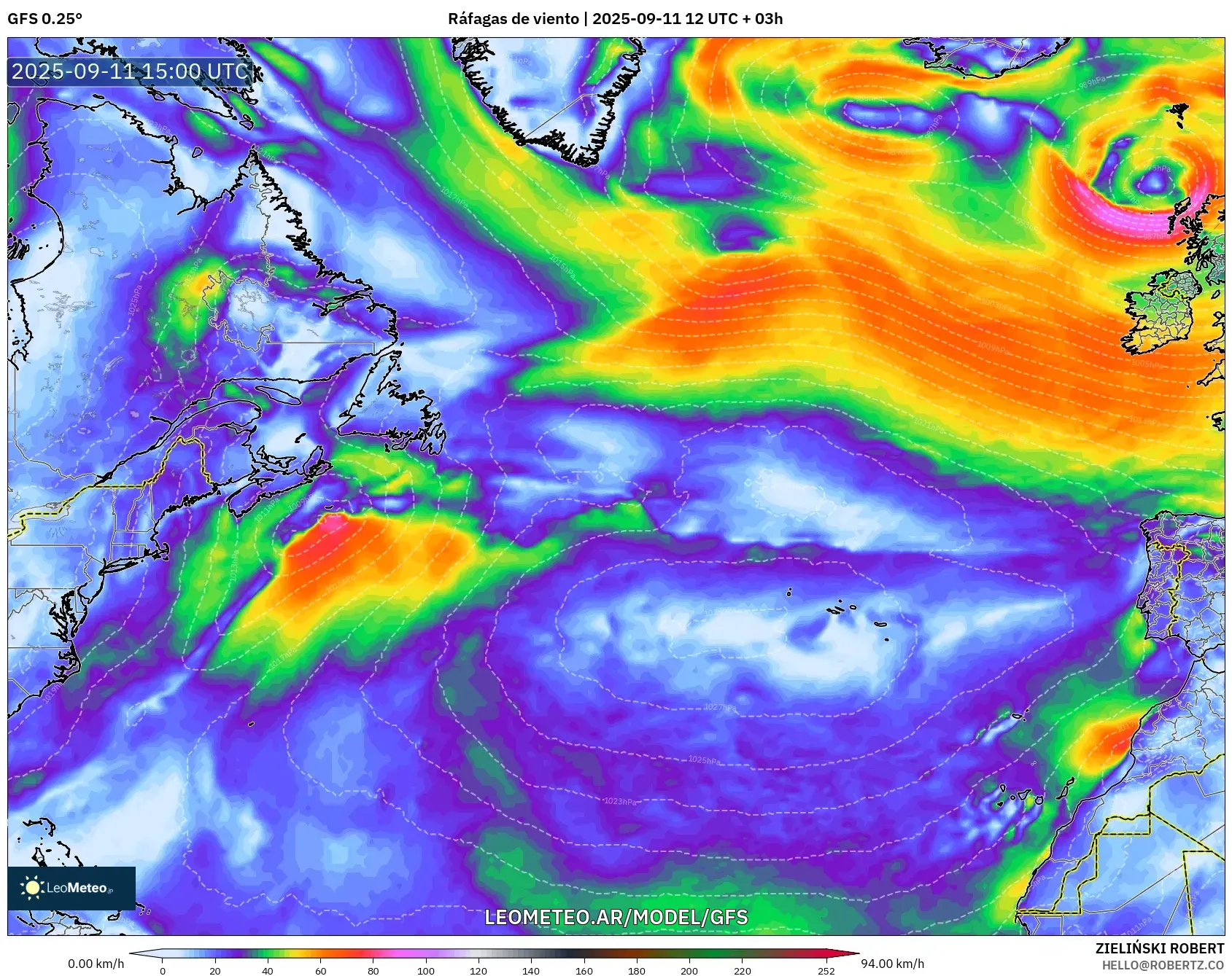 GFS model - Norte Atlántico, Ráfagas de viento