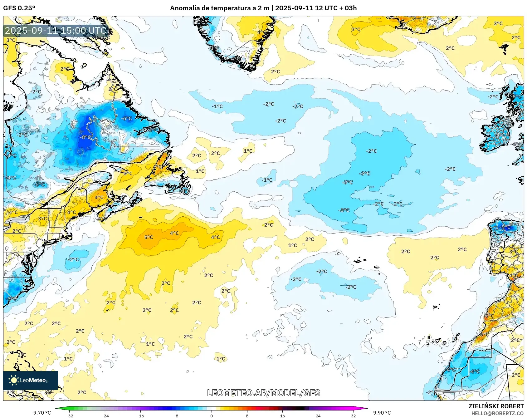 GFS model - Norte Atlántico, Anomalía de temperatura a 2 m