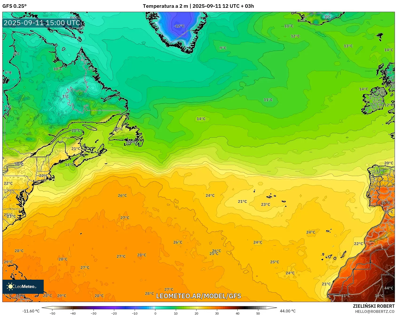 GFS model - Norte Atlántico, Temperatura a 2 m