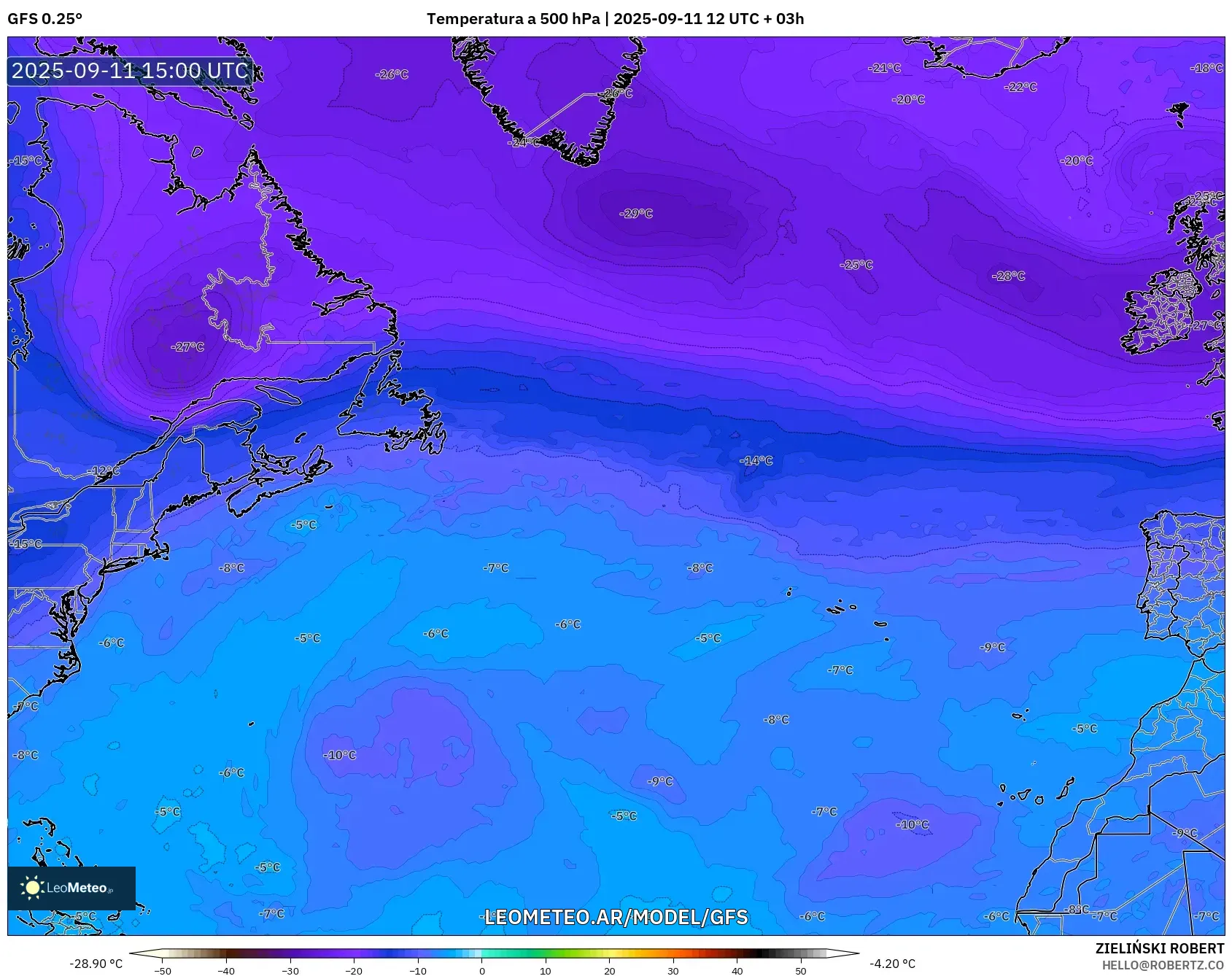 GFS model - Norte Atlántico, Temperatura a 500 hPa