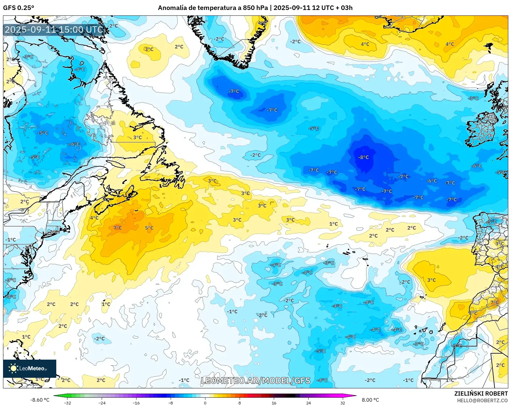 GFS model - Norte Atlántico, Anomalía de temperatura a 850 hPa GFS model - Norte Atlántico, Anomalía de temperatura a 850 hPa