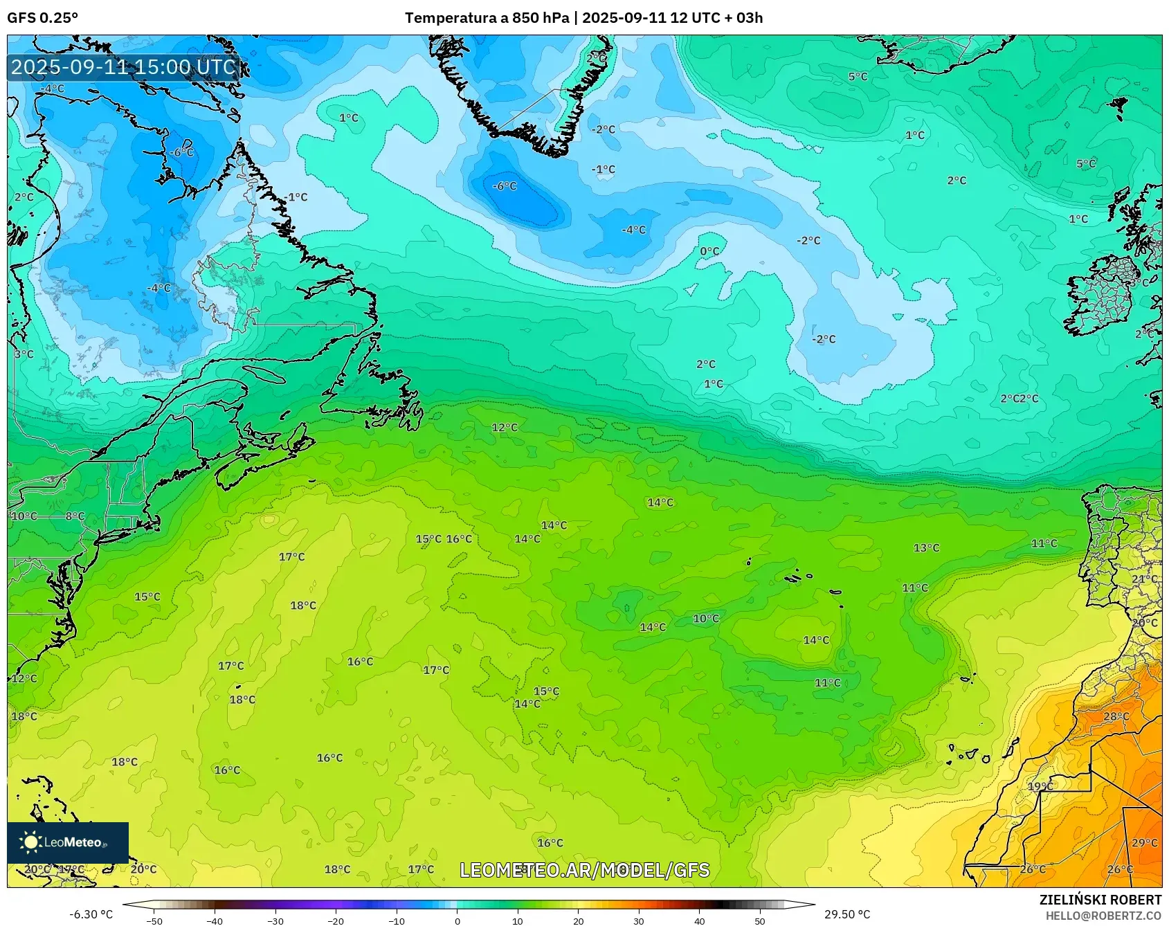 GFS model - Norte Atlántico, Temperatura a 850 hPa GFS model - Norte Atlántico, Temperatura a 850 hPa