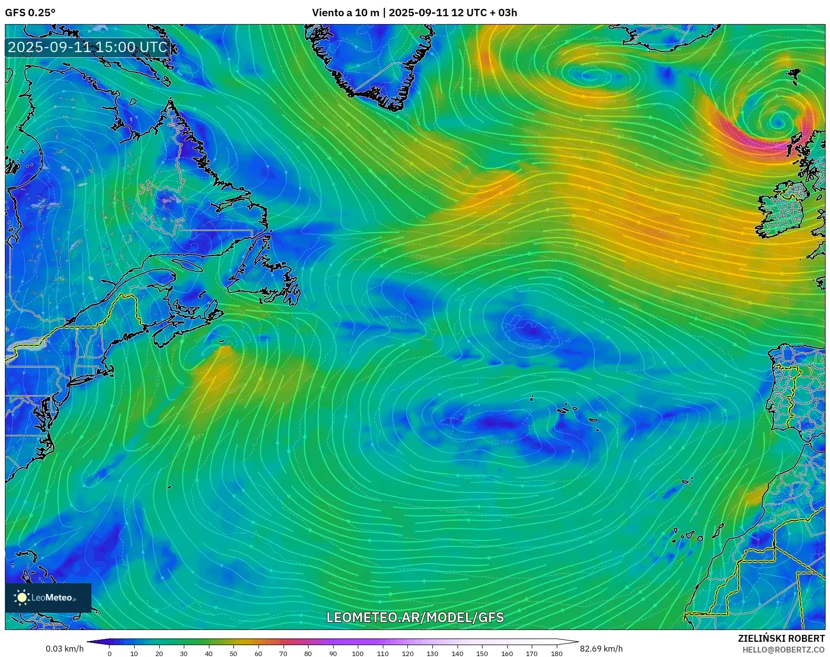 GFS model - Norte Atlántico, Viento a 10 m