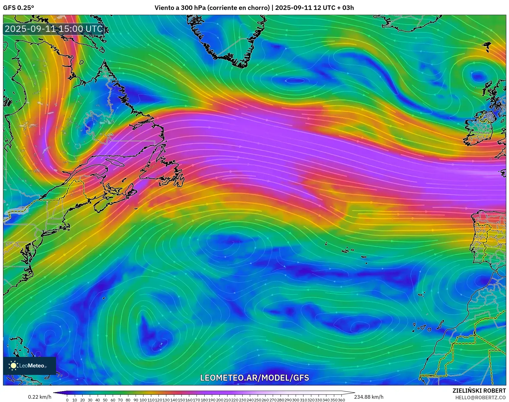 GFS model - Norte Atlántico, Viento a 300 hPa (corriente en chorro)