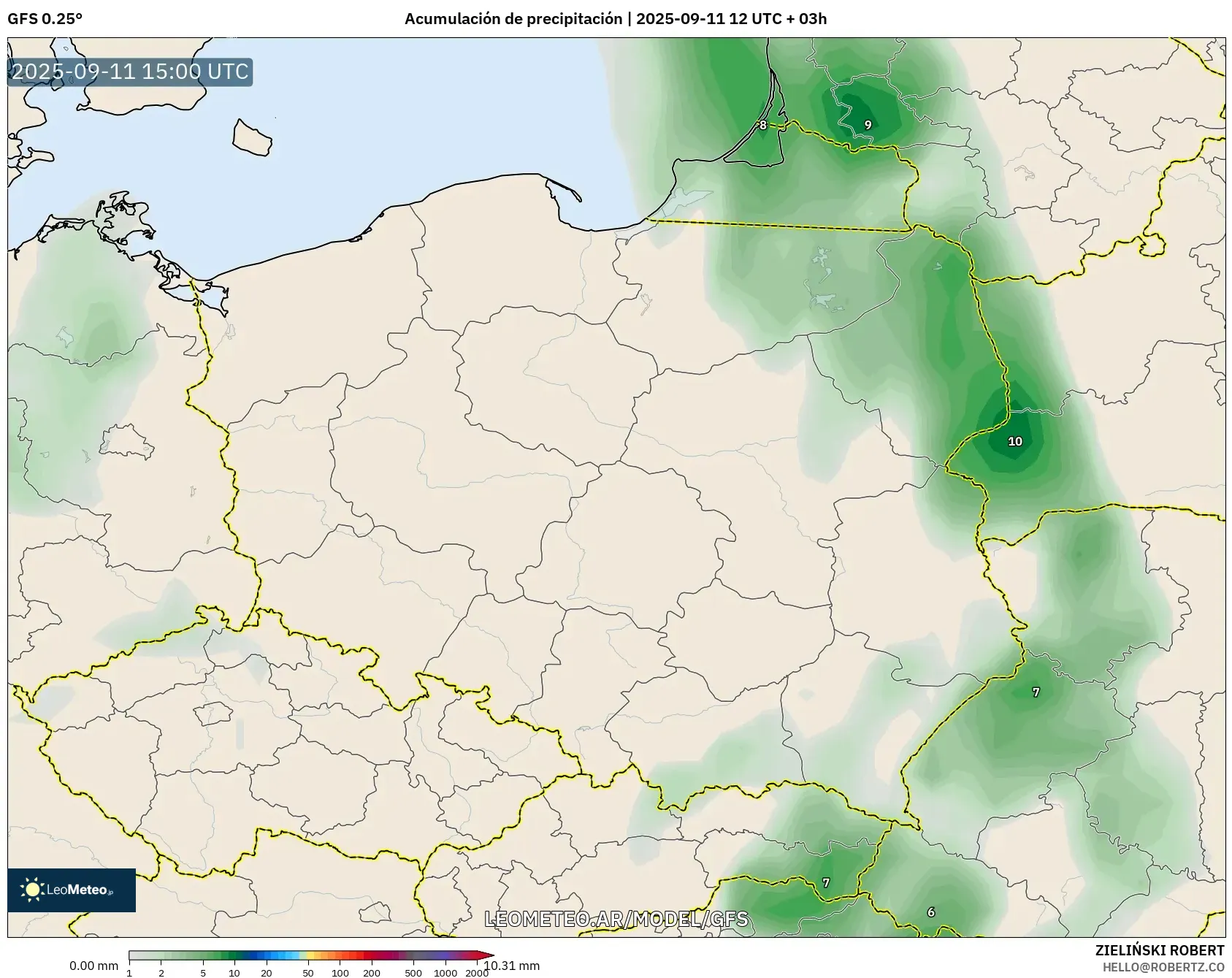 GFS model - Polonia, Acumulación de precipitación GFS model - Polonia, Acumulación de precipitación