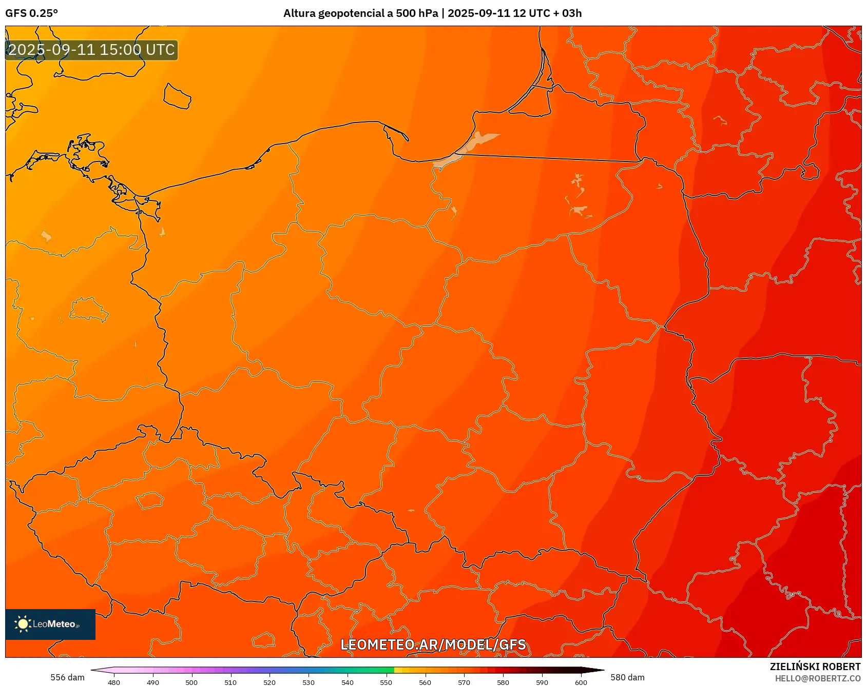 GFS model - Polonia, Altura geopotencial a 500 hPa