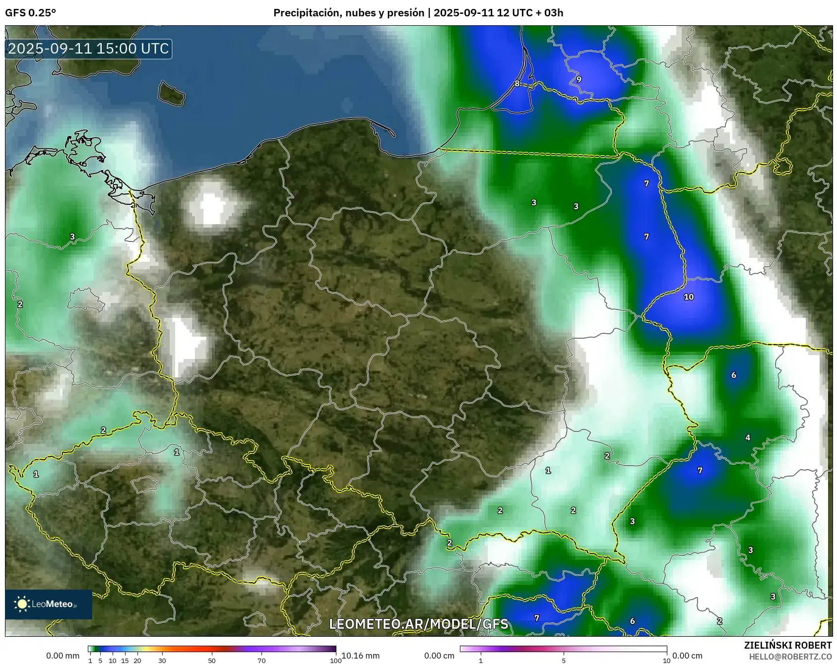 GFS model - Polonia, Precipitación, nubes y presión