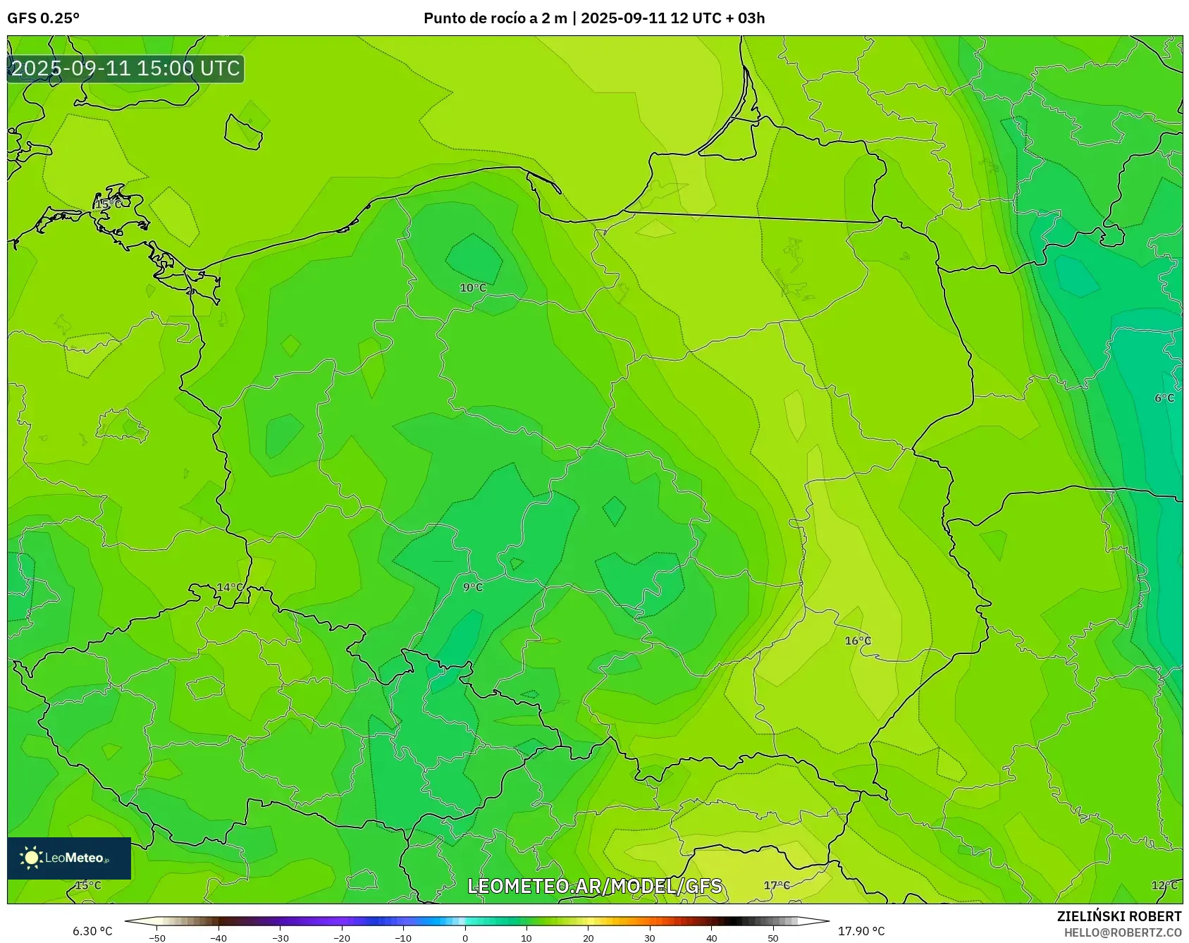 GFS model - Polonia, Punto de rocío a 2 m