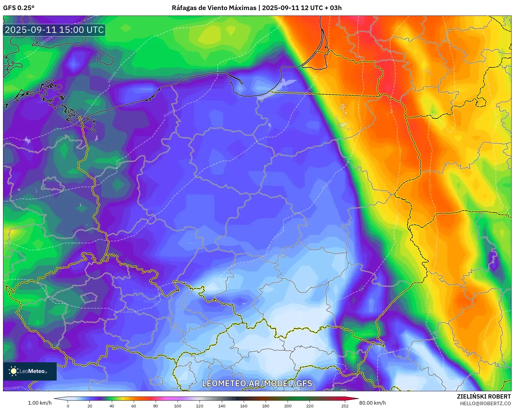 GFS model - Polonia, Ráfagas de Viento Máximas GFS model - Polonia, Ráfagas de Viento Máximas