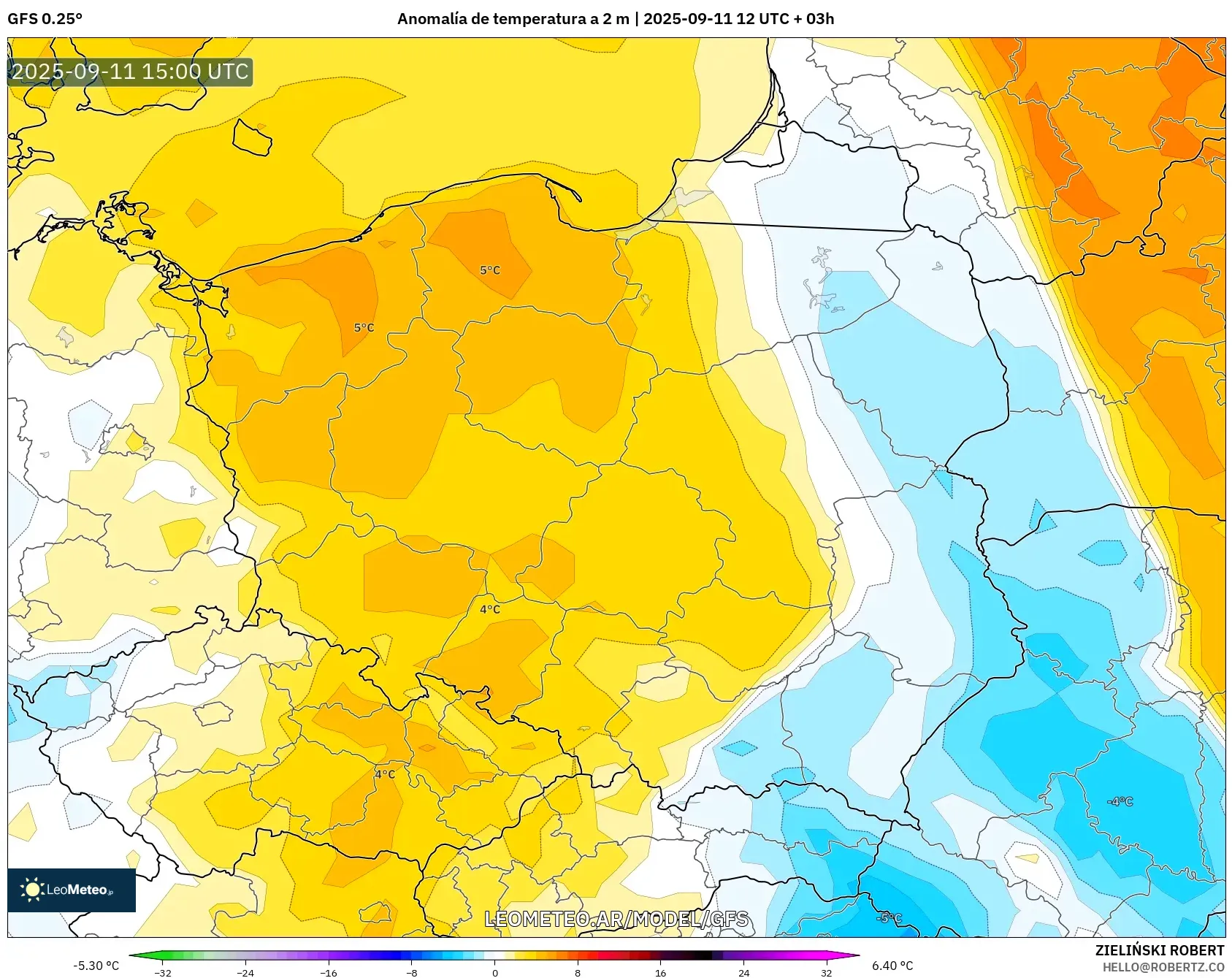 GFS model - Polonia, Anomalía de temperatura a 2 m