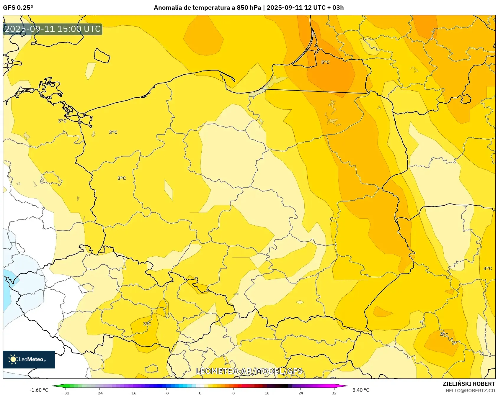 GFS model - Polonia, Anomalía de temperatura a 850 hPa GFS model - Polonia, Anomalía de temperatura a 850 hPa