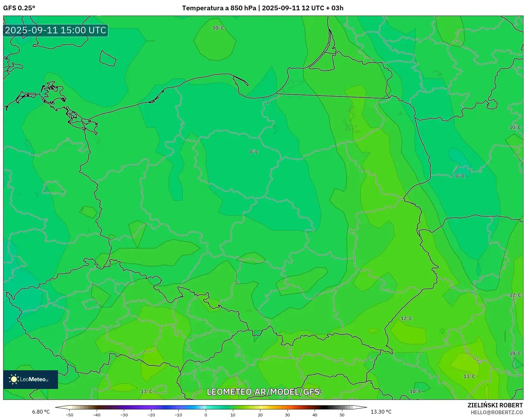 GFS model - Polonia, Temperatura a 850 hPa GFS model - Polonia, Temperatura a 850 hPa