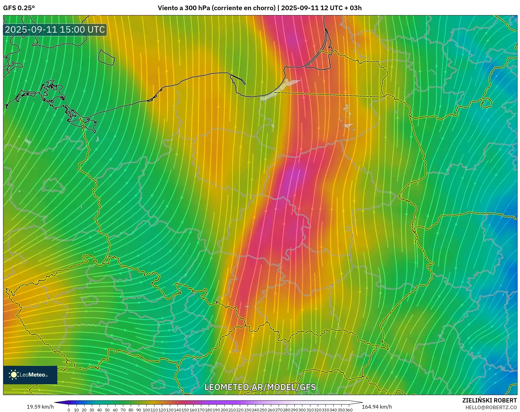 GFS model - Polonia, Viento a 300 hPa (corriente en chorro)