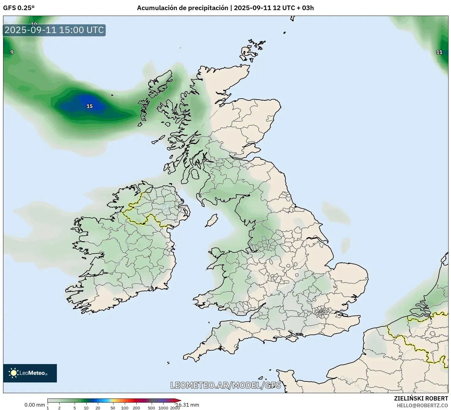 GFS model - Reino Unido, Acumulación de precipitación