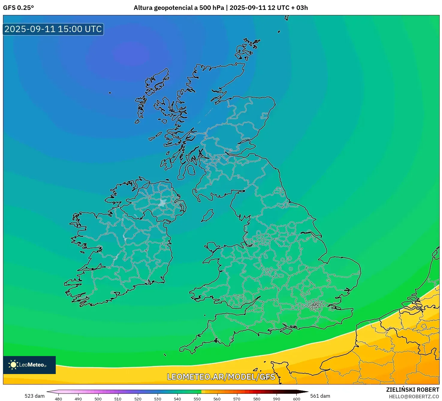 GFS model - Reino Unido, Altura geopotencial a 500 hPa