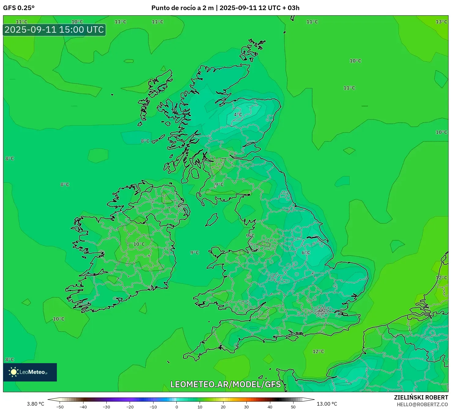 GFS model - Reino Unido, Punto de rocío a 2 m