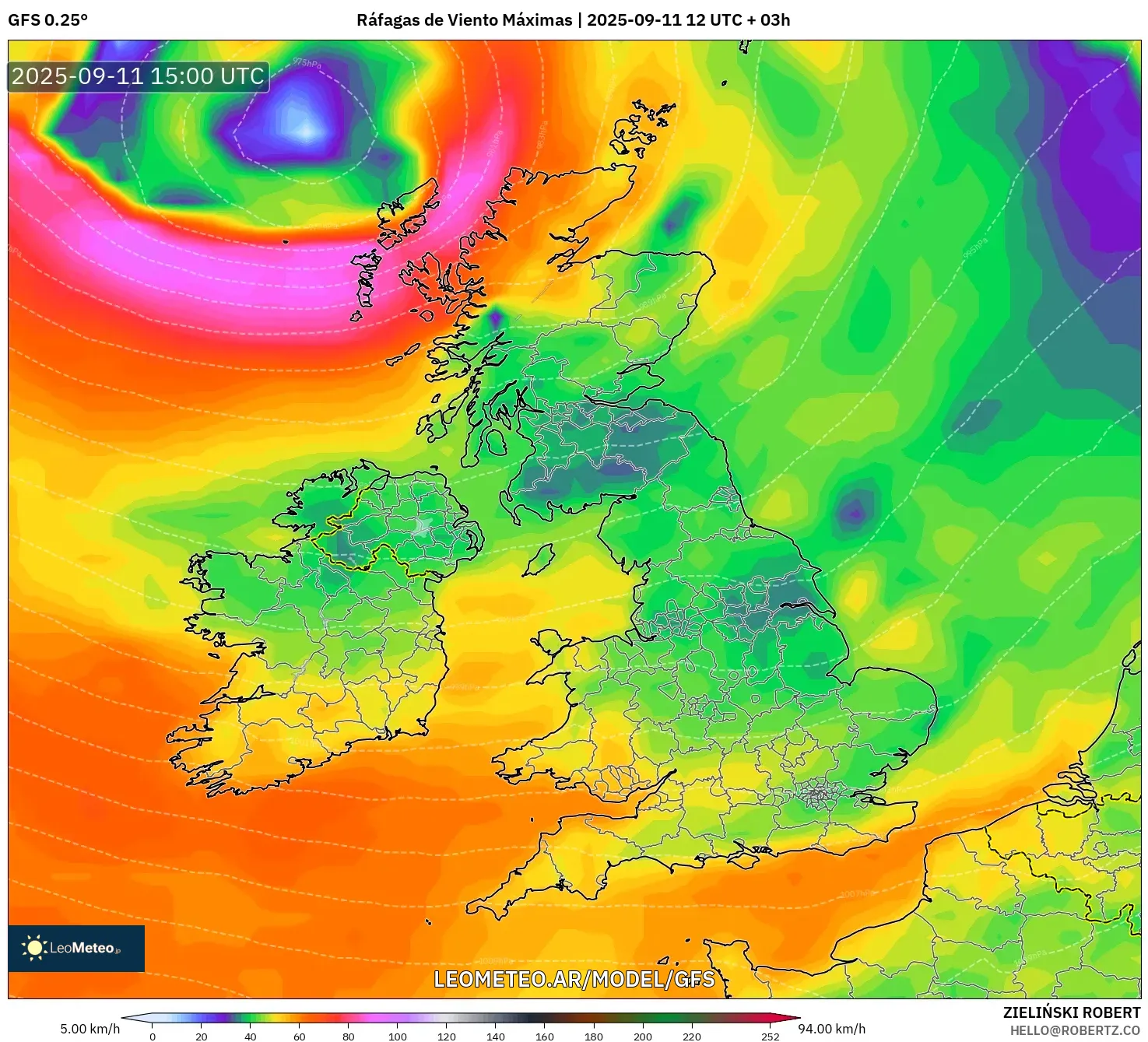 GFS model - Reino Unido, Ráfagas de Viento Máximas GFS model - Reino Unido, Ráfagas de Viento Máximas