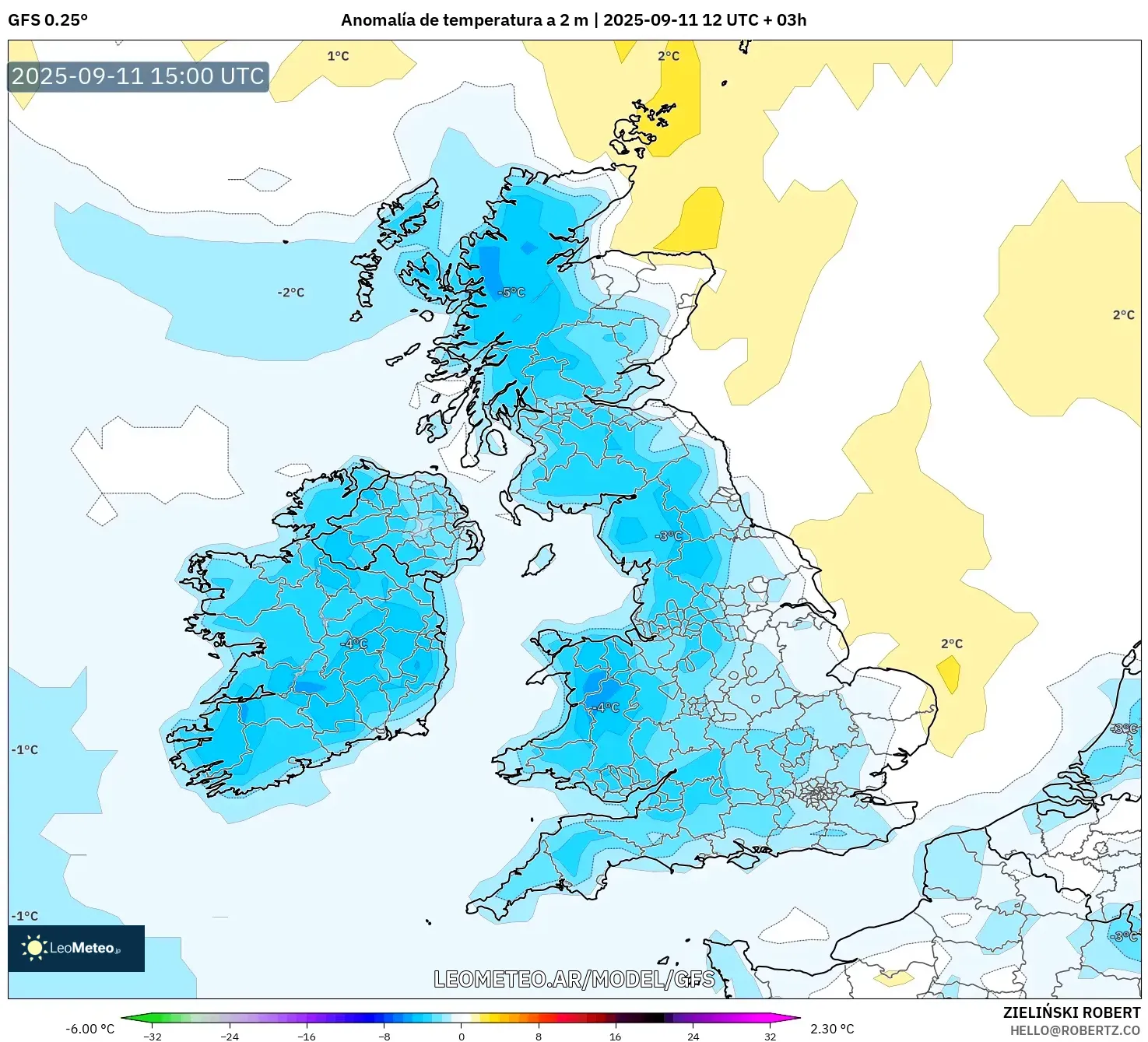 GFS model - Reino Unido, Anomalía de temperatura a 2 m