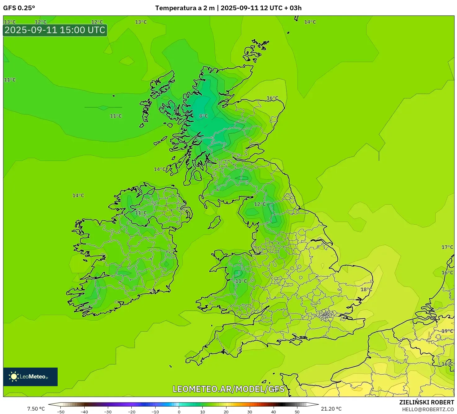 GFS model - Reino Unido, Temperatura a 2 m GFS model - Reino Unido, Temperatura a 2 m