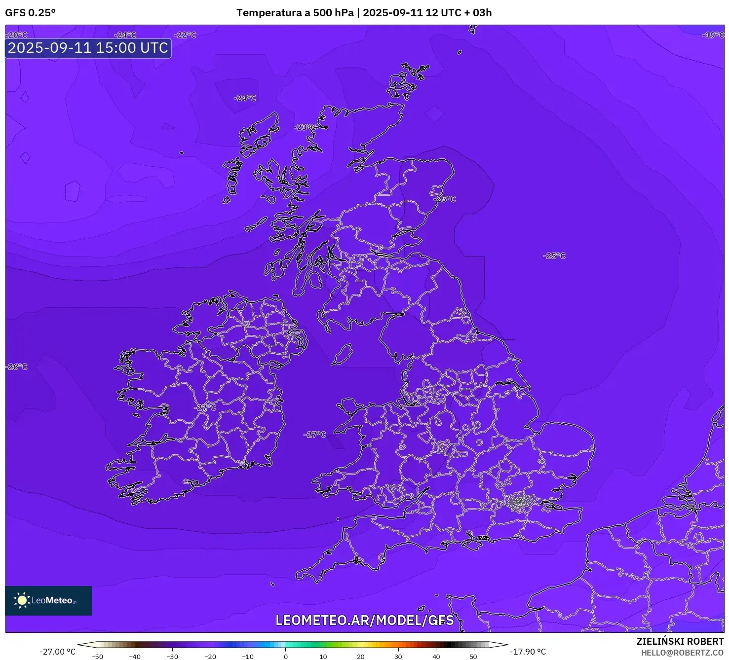 GFS model - Reino Unido, Temperatura a 500 hPa