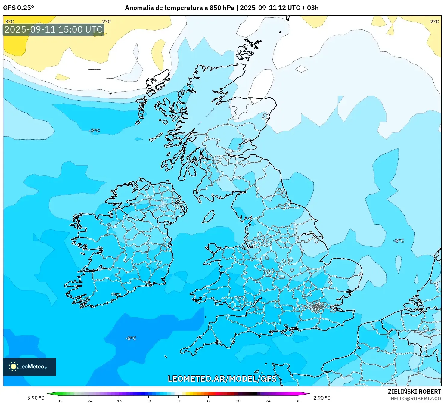 GFS model - Reino Unido, Anomalía de temperatura a 850 hPa
