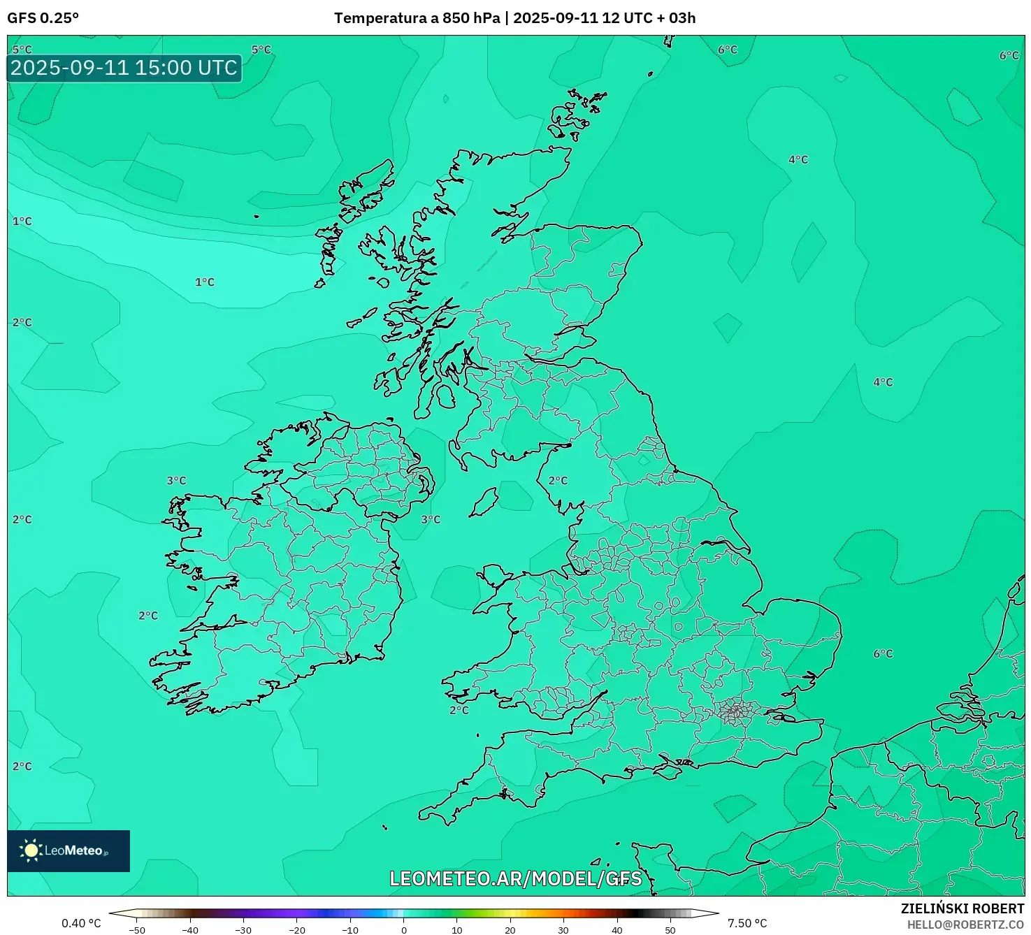 GFS model - Reino Unido, Temperatura a 850 hPa