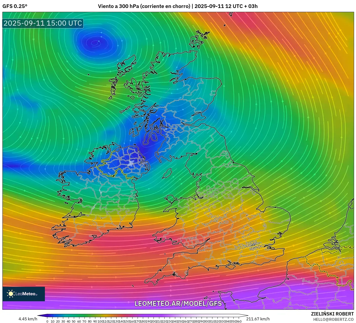 GFS model - Reino Unido, Viento a 300 hPa (corriente en chorro)