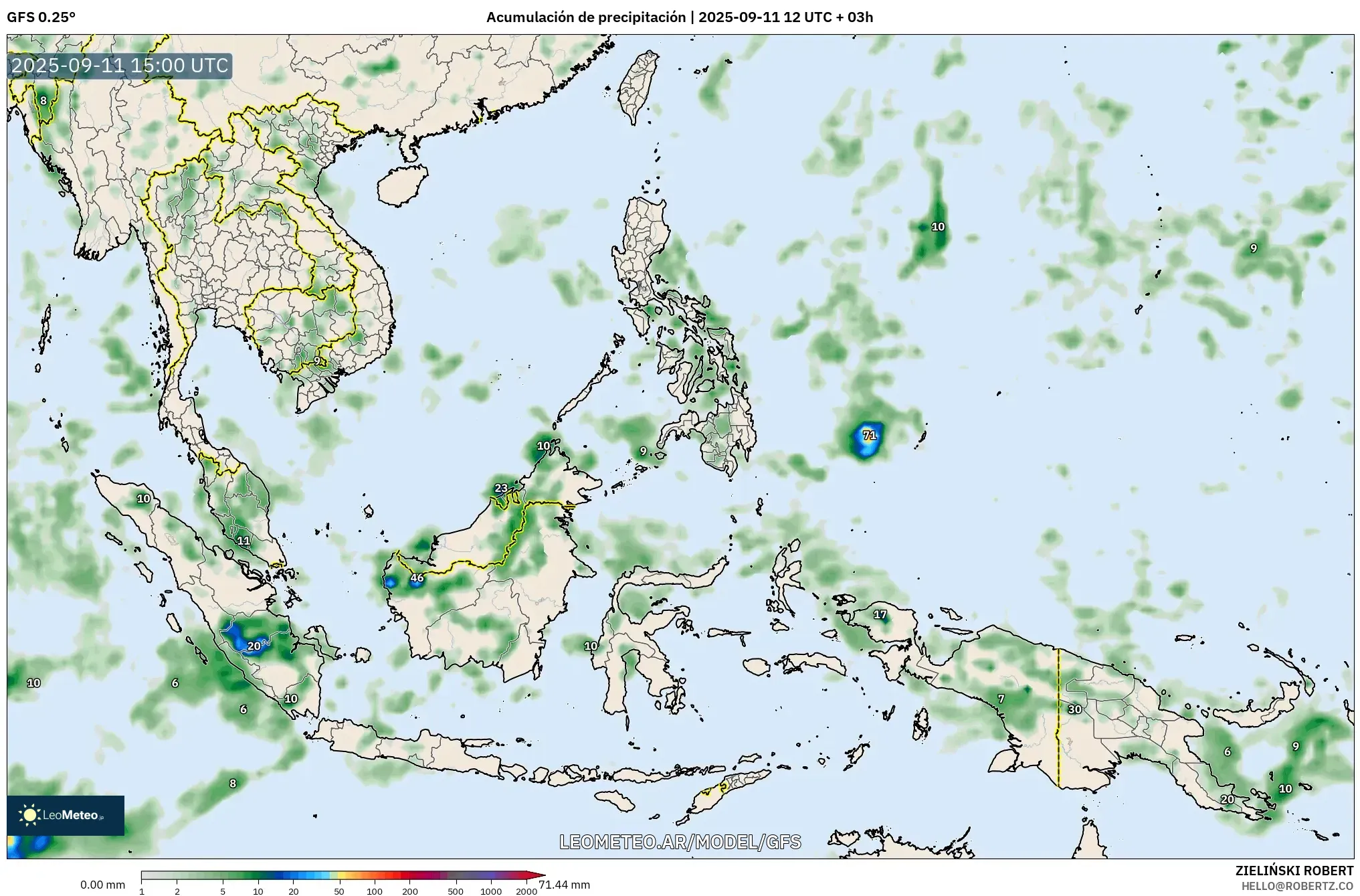 GFS model - Sudeste Asiático, Acumulación de precipitación GFS model - Sudeste Asiático, Acumulación de precipitación