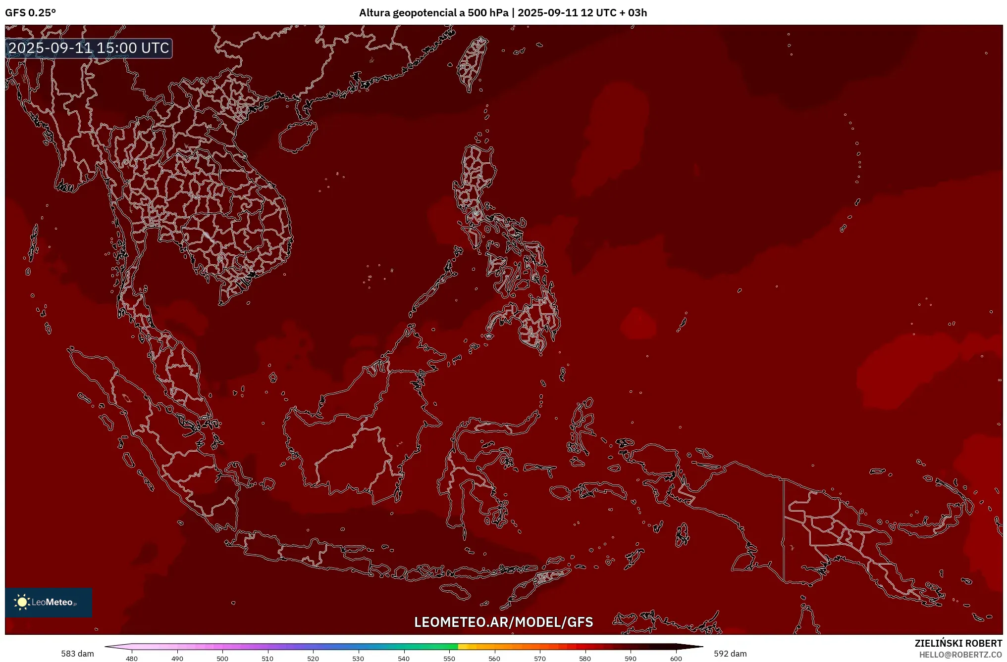 GFS model - Sudeste Asiático, Altura geopotencial a 500 hPa