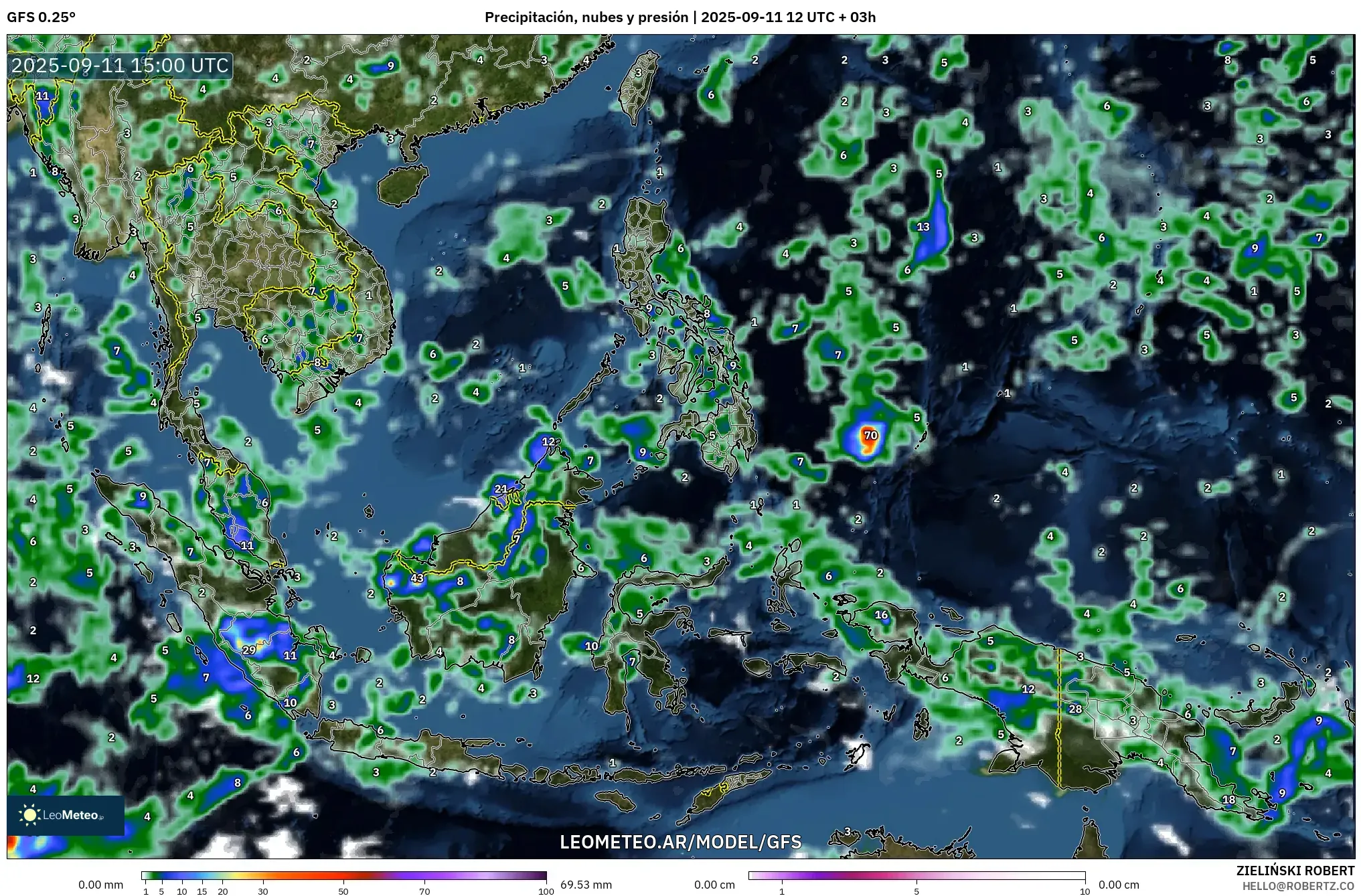 GFS model - Sudeste Asiático, Precipitación, nubes y presión