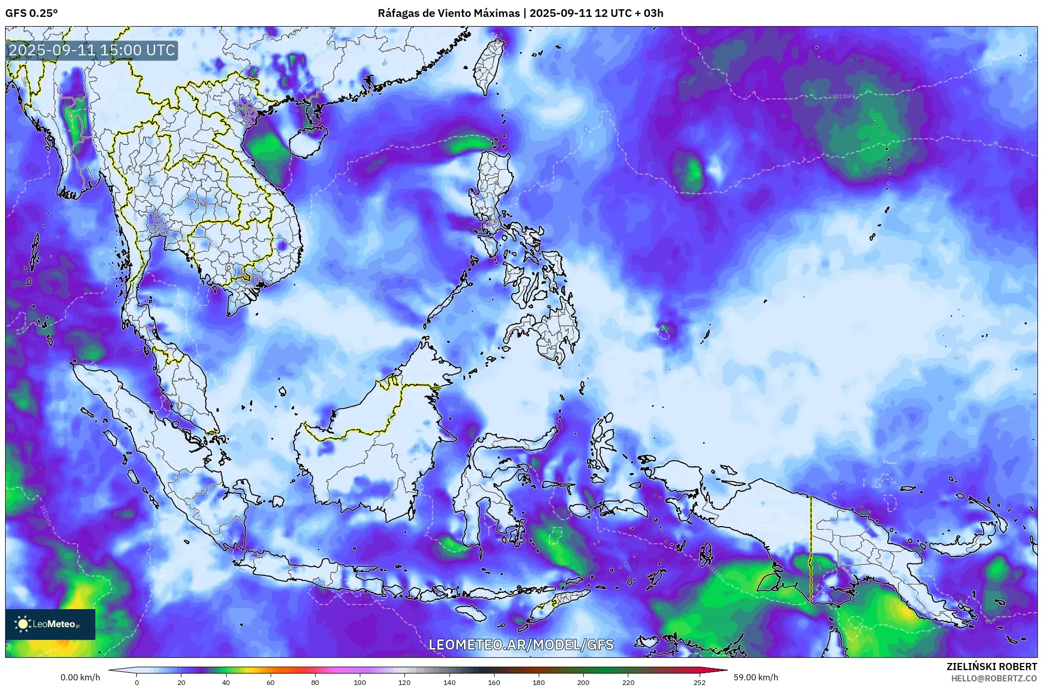 GFS model - Sudeste Asiático, Ráfagas de Viento Máximas