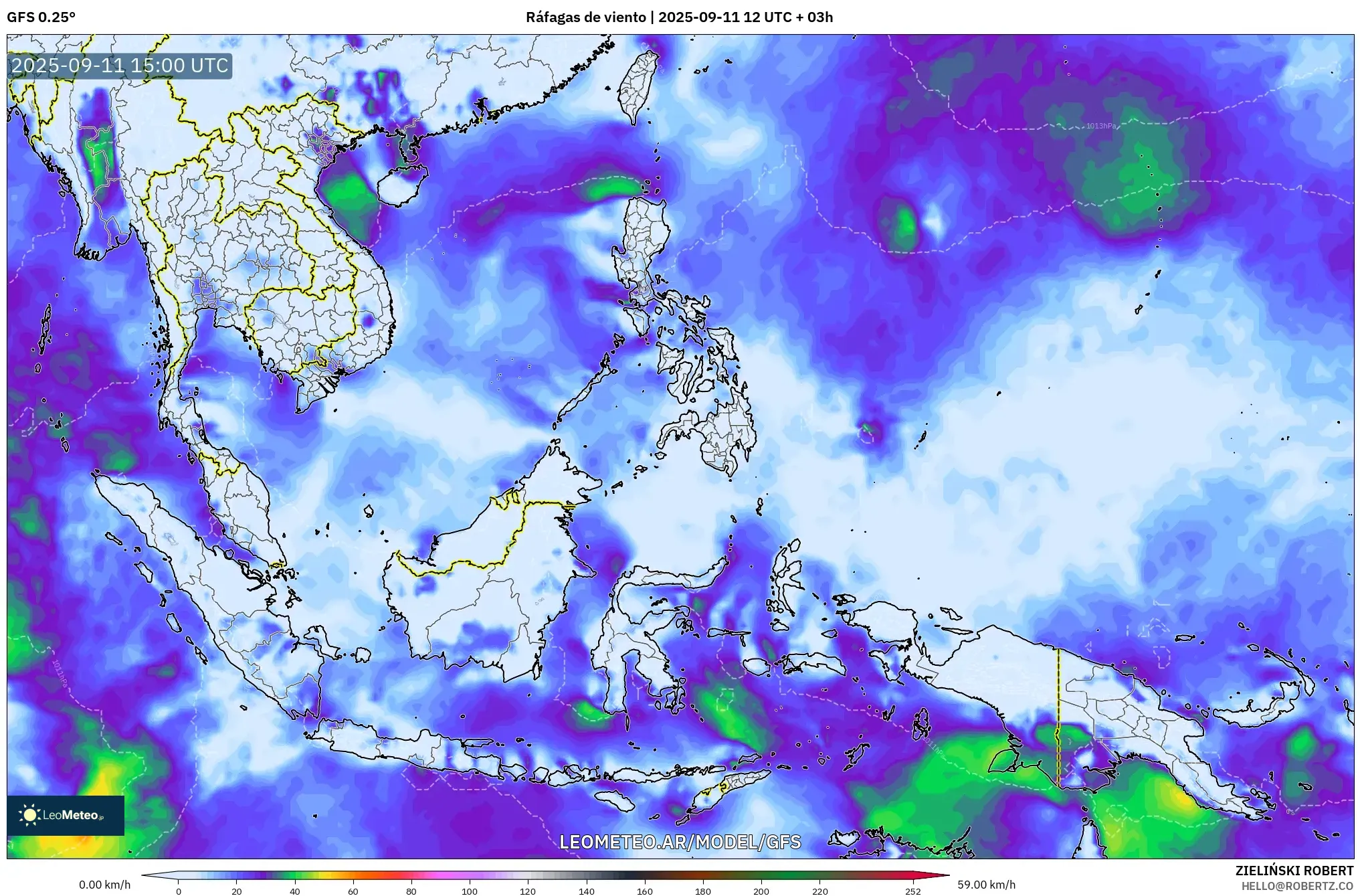 GFS model - Sudeste Asiático, Ráfagas de viento