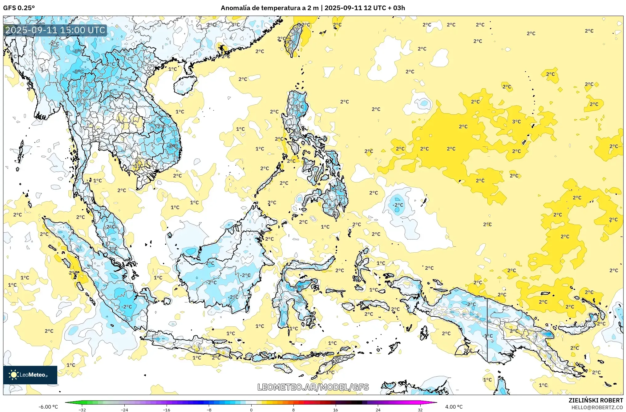 GFS model - Sudeste Asiático, Anomalía de temperatura a 2 m GFS model - Sudeste Asiático, Anomalía de temperatura a 2 m
