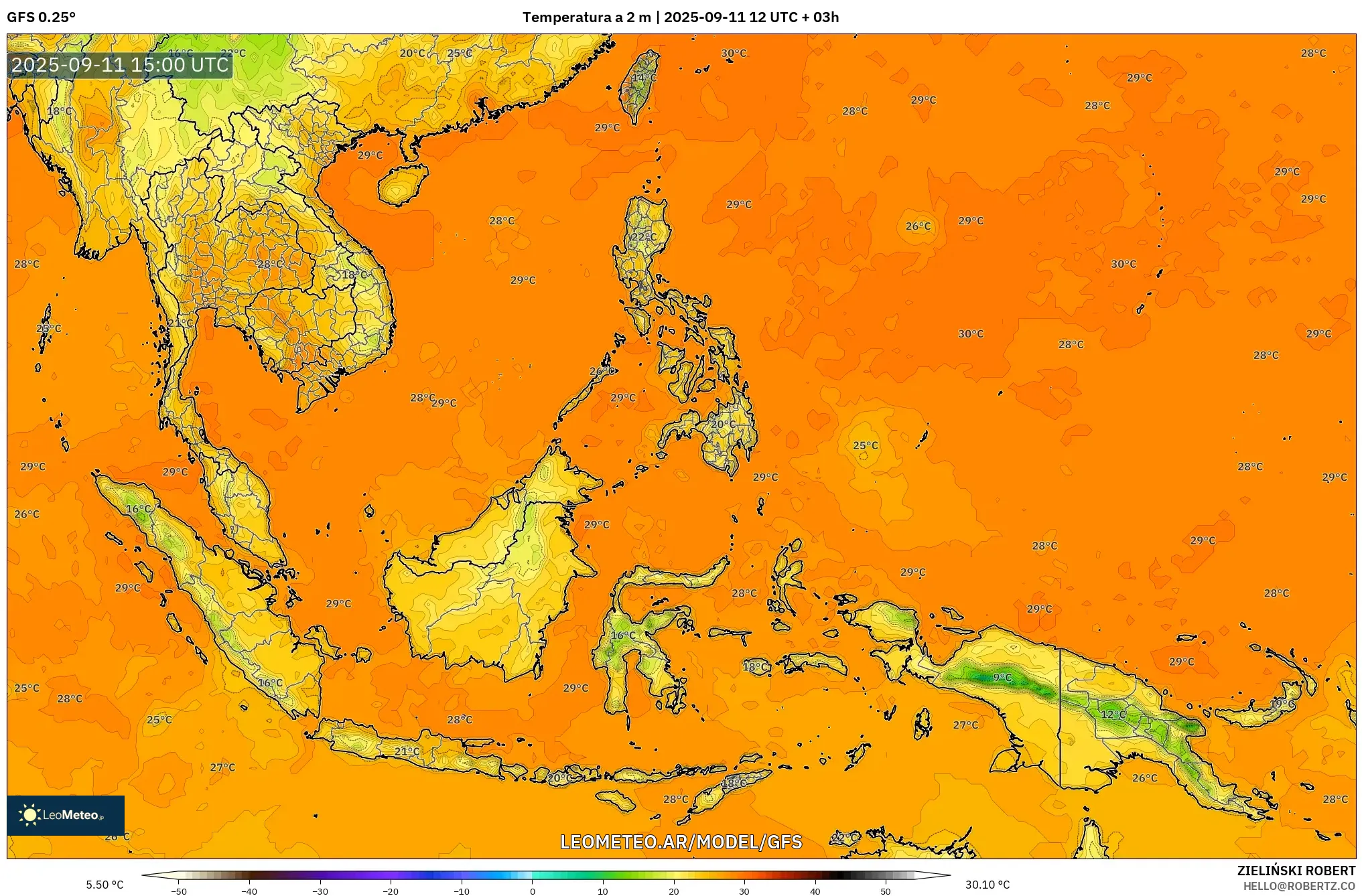 GFS model - Sudeste Asiático, Temperatura a 2 m GFS model - Sudeste Asiático, Temperatura a 2 m
