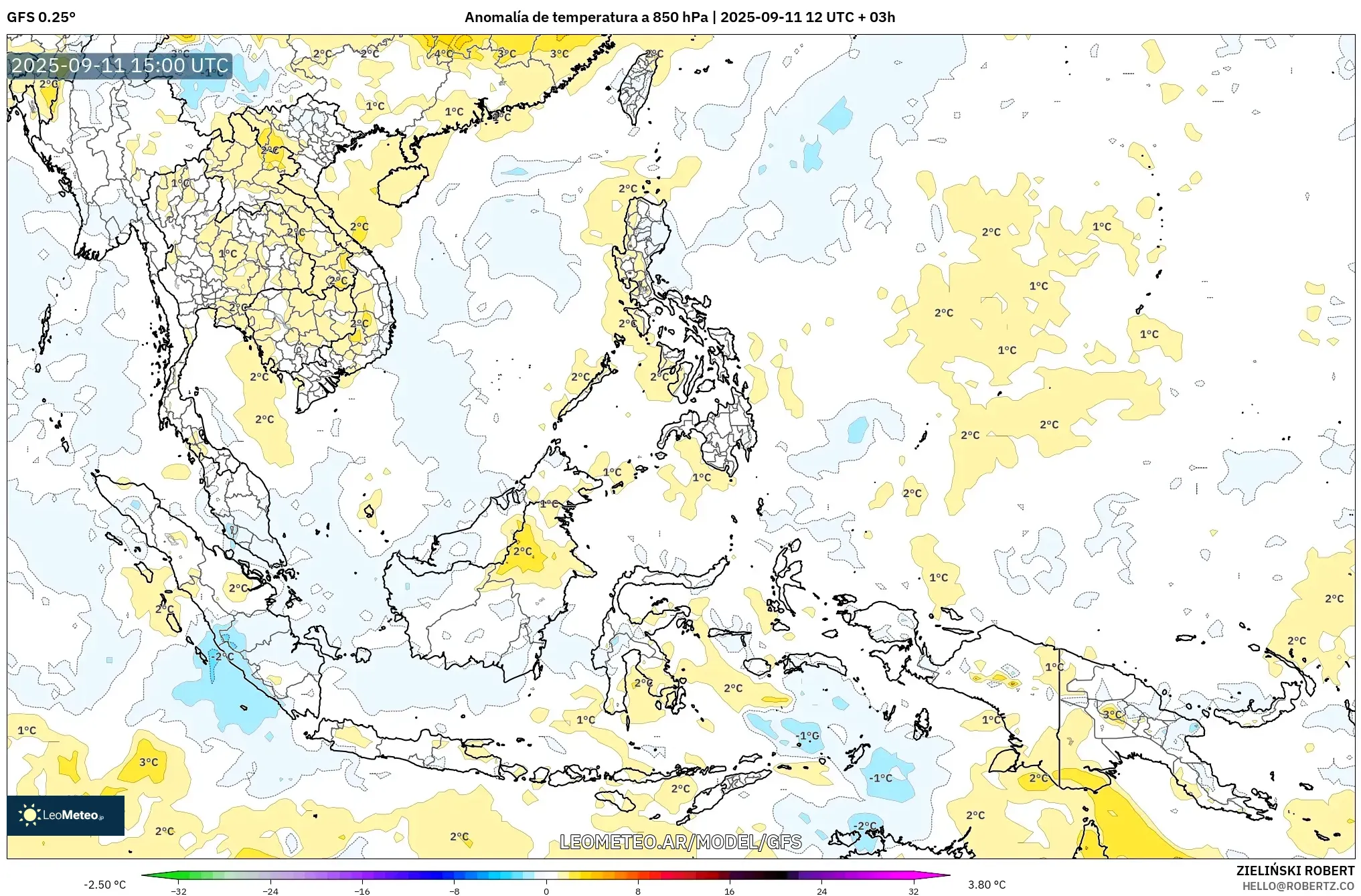 GFS model - Sudeste Asiático, Anomalía de temperatura a 850 hPa GFS model - Sudeste Asiático, Anomalía de temperatura a 850 hPa