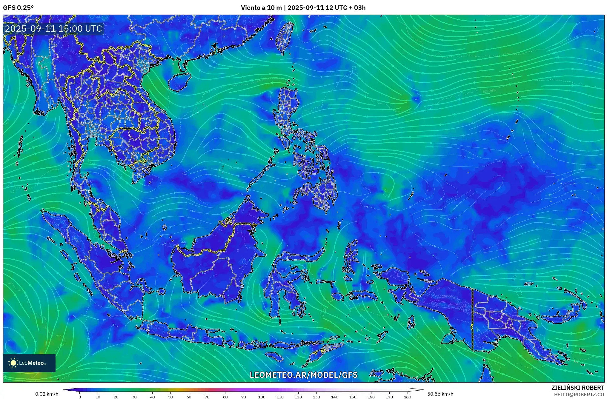 GFS model - Sudeste Asiático, Viento a 10 m GFS model - Sudeste Asiático, Viento a 10 m